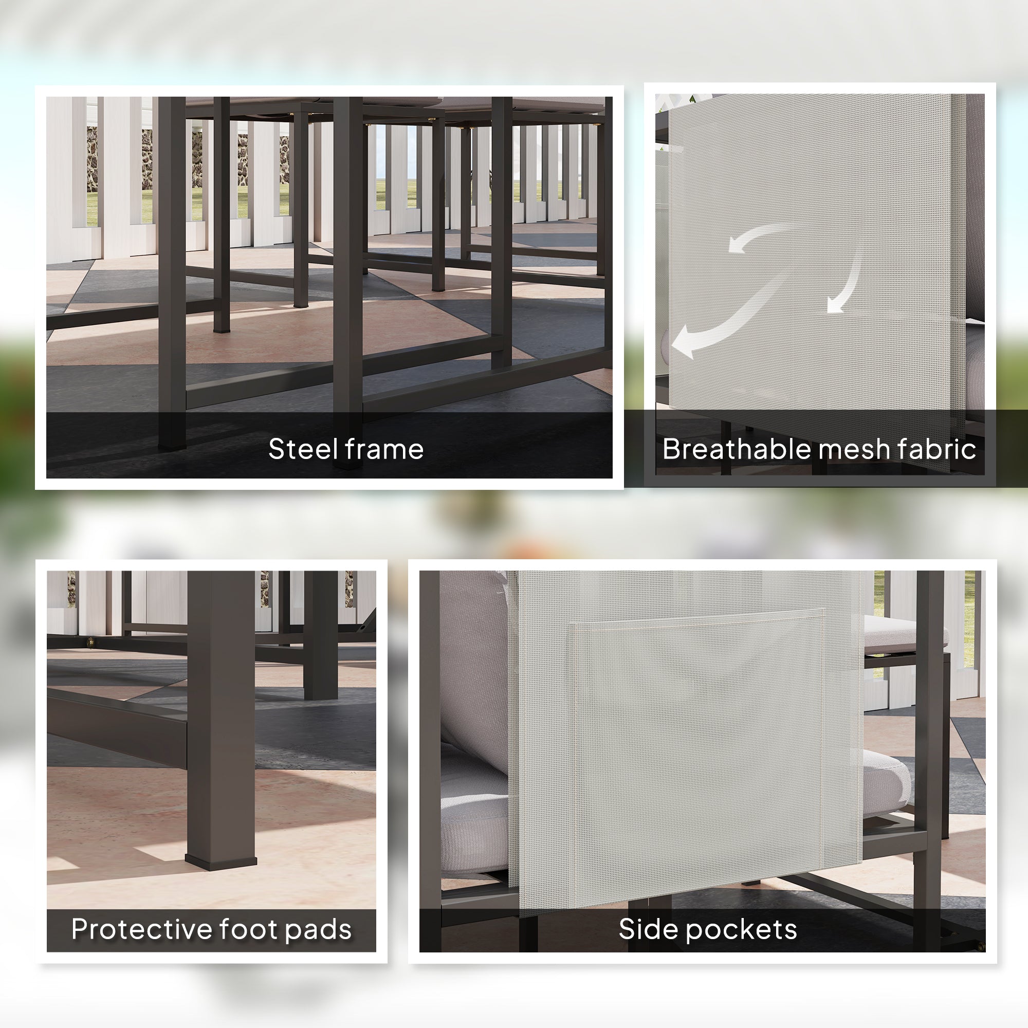 Outsunny 9 Piece Garden Dining Set, Cube Outdoor Garden Furniture Set with Cushions, 8 Seater Garden Table and Chairs with 4 Stools, Square PSPC Plastic Top Table, Side Pockets for Patio, Grey - North Peak Garden Furniture