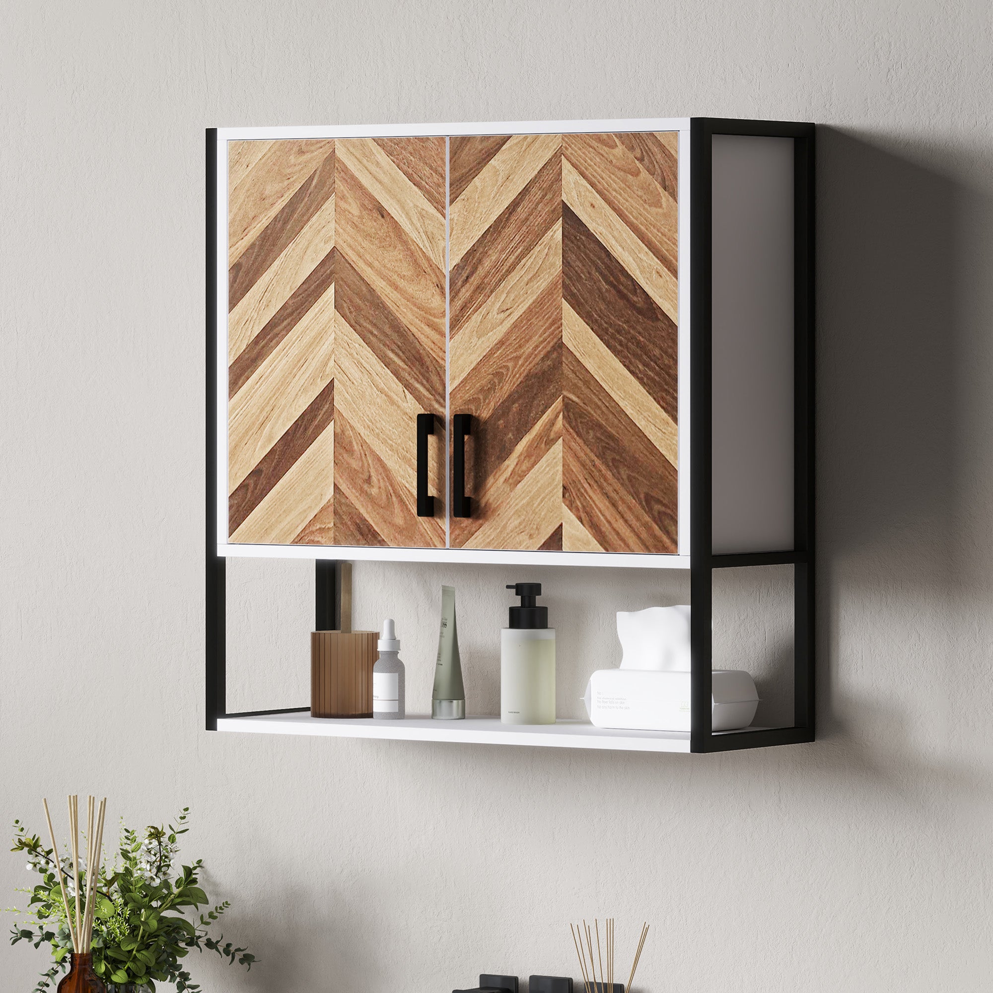 HOMCOM Bathroom Cabinet Wall Mounted, Bathroom Wall Cabinet Medicine Cabinet with 2 Doors, Adjustable Shelf, Walnut - North Peak Garden Furniture