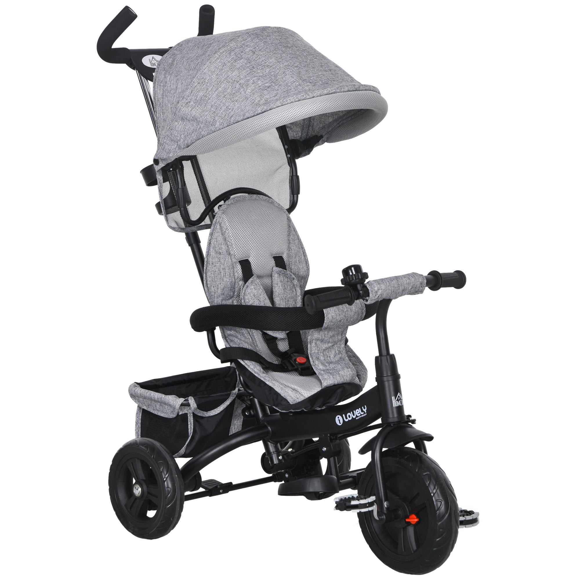HOMCOM 6 in 1 Kids Trike Push Bike w/ Push Handle, Canopy, 5-point Safety Belt, Storage, Footrest, Brake, for 1-5 Years, Grey - North Peak Garden Furniture