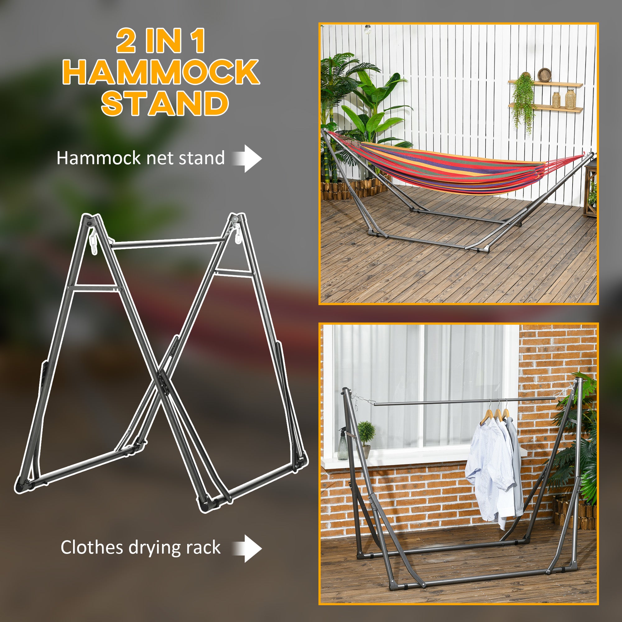 Outsunny Foldable Hammock Stand, Portable Hammock with Metal Frame, 2 in 1 Hammock Net Stand, Clothes Drying Rack, Load Capacity 120kg, for Patio, Garden, Yard, Black - North Peak Garden Furniture