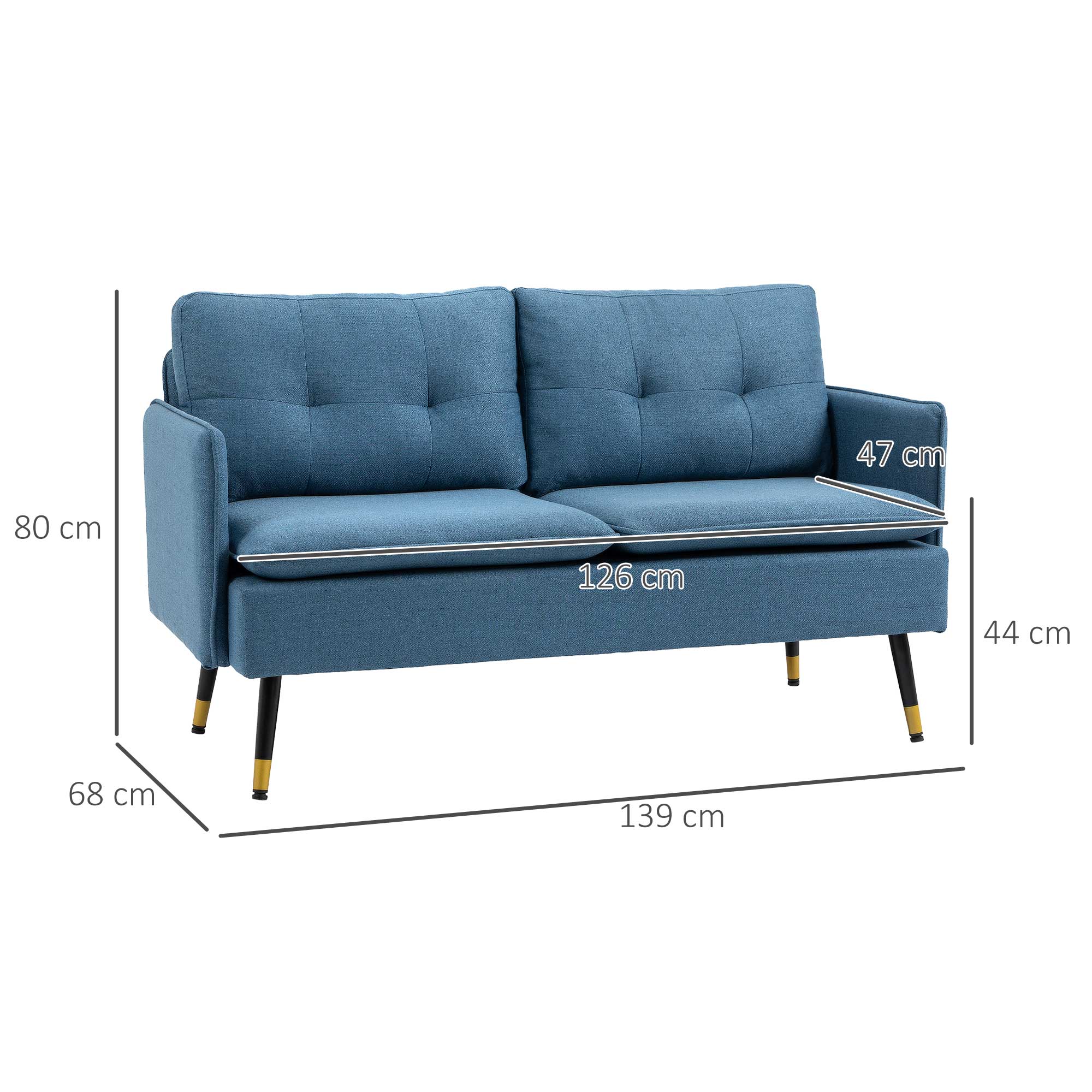 HOMCOM Modern Two Seater Sofa, Button Tufted Loveseat with Cushions and Steel Legs for Living Room, Guest Room, Dark Blue