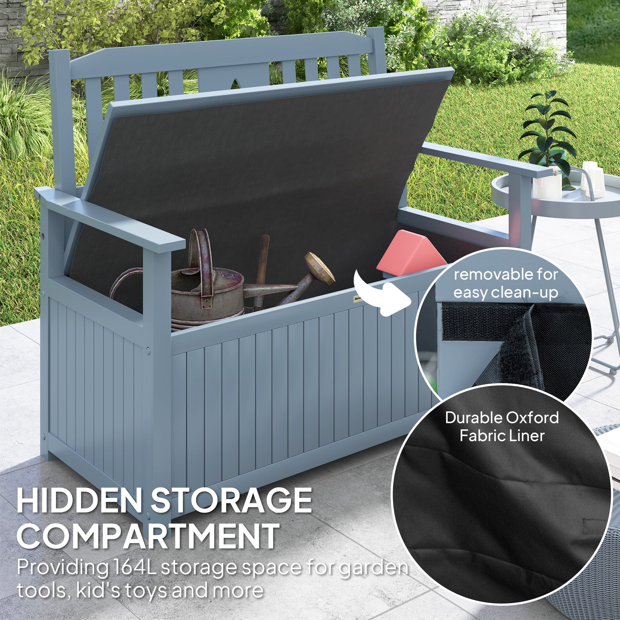 Outsunny Two-Seater Wooden Storage Bench - Grey - North Peak Garden Furniture