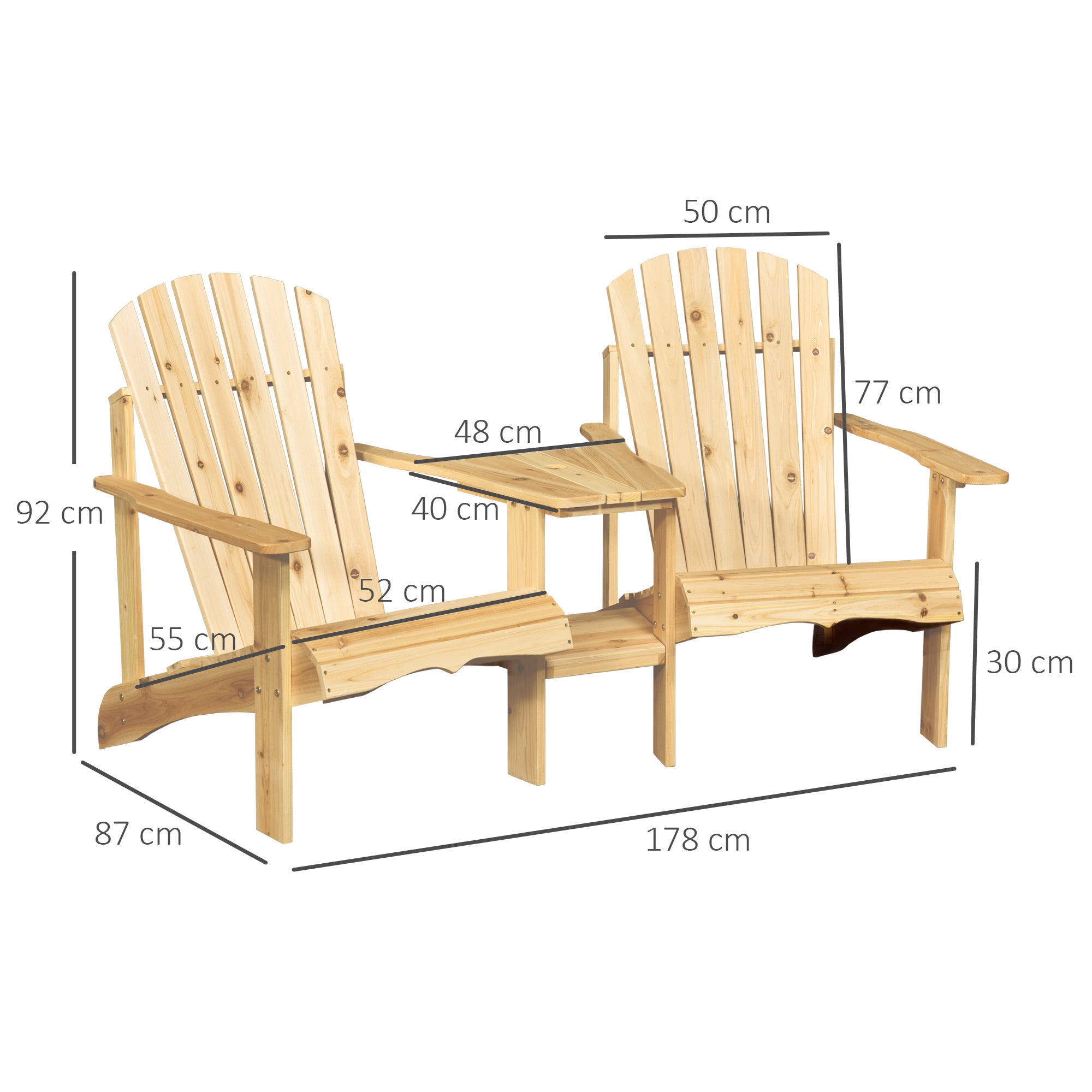 Outsunny Wooden Outdoor Double Adirondack Chairs Loveseat w/ Centre Table and Umbrella Hole, Garden Patio Furniture for Lounging and Relaxing, Natural