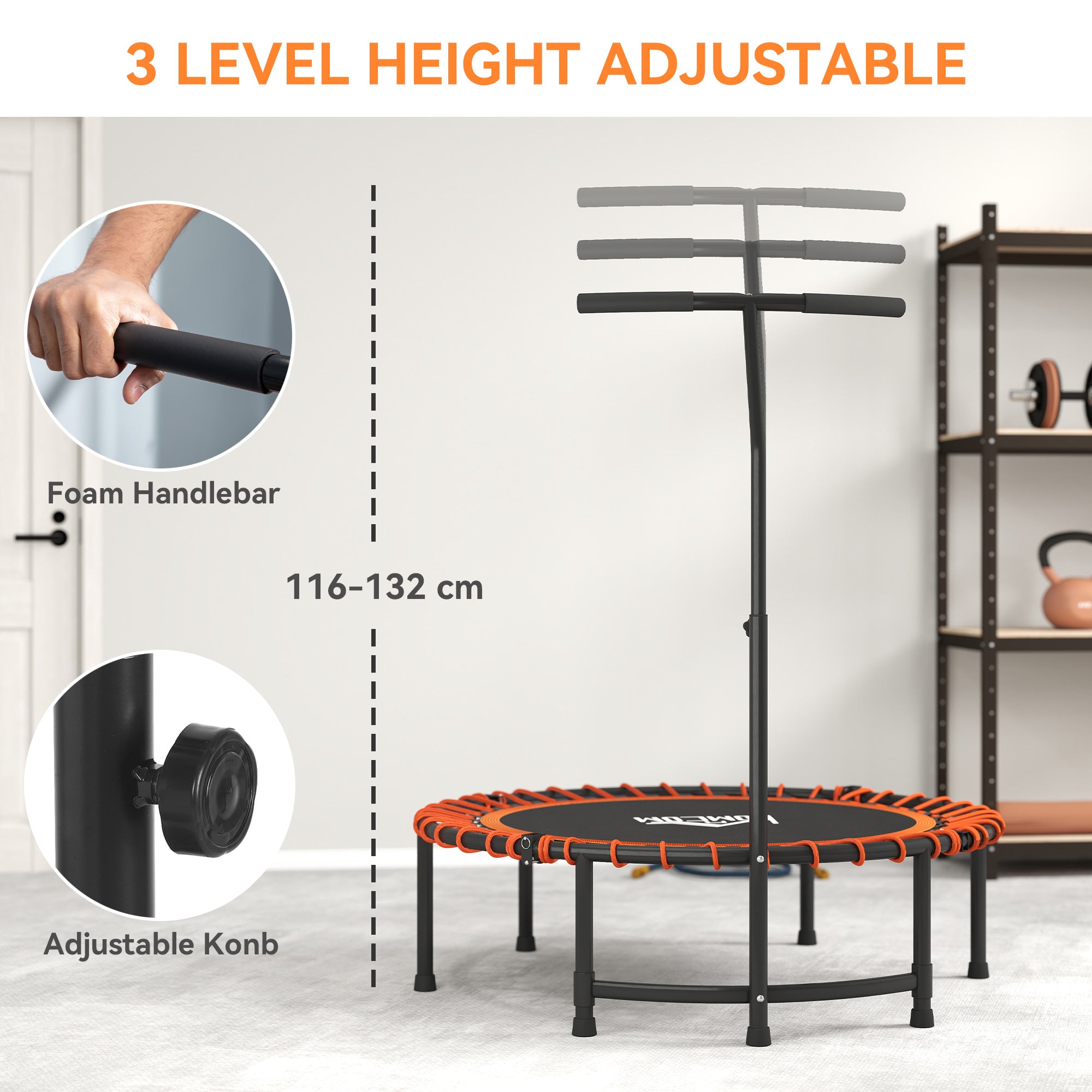 HOMCOM Mini Round Steel Frame Trampoline w/ Adjustable Handle, Orange - North Peak Garden Furniture