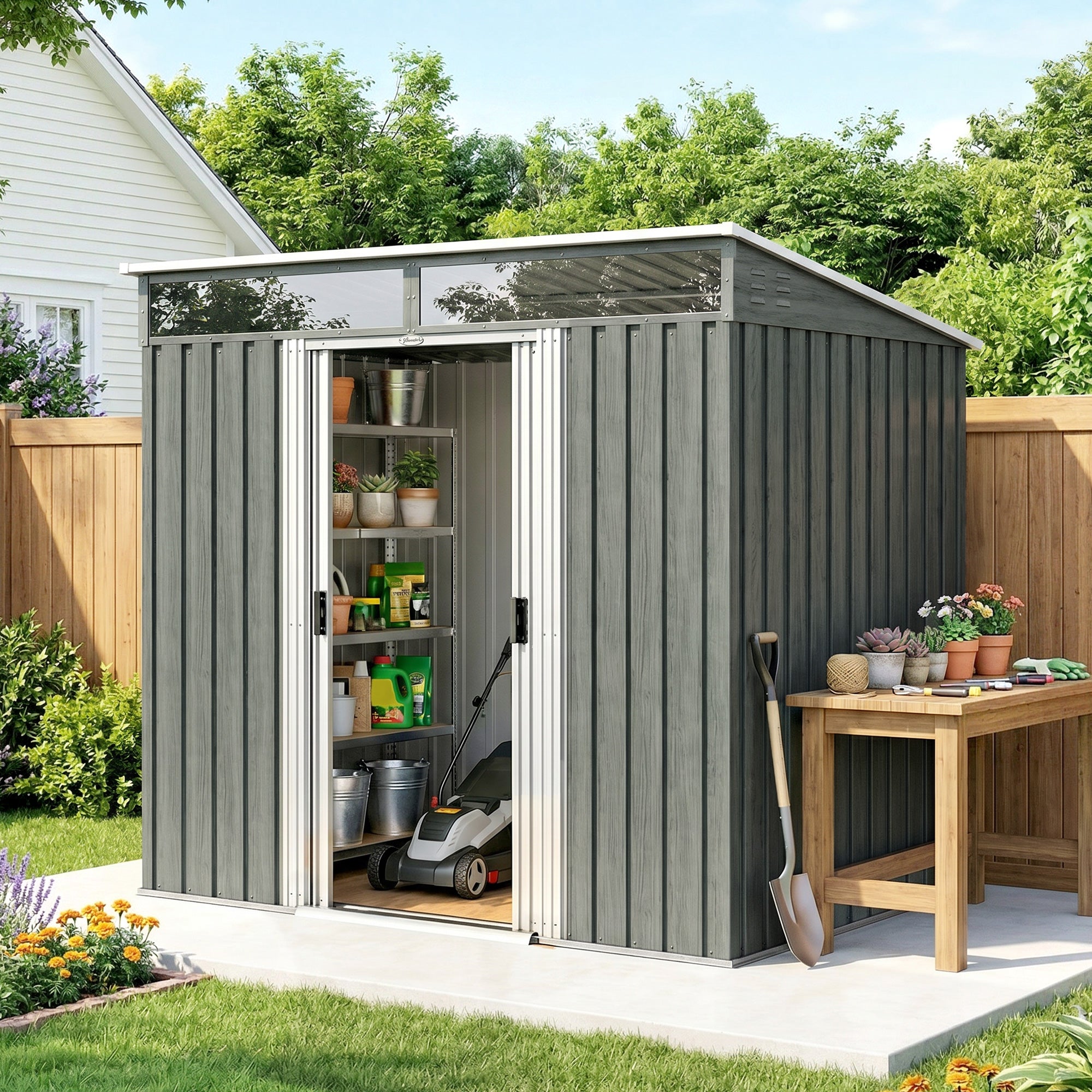 Outsunny 6.5 x 4FT Galvanised Metal Shed with Foundation Kit, Lockable Tool Garden Shed with Double Sliding Doors, Vents, Light Grey Wood Effect