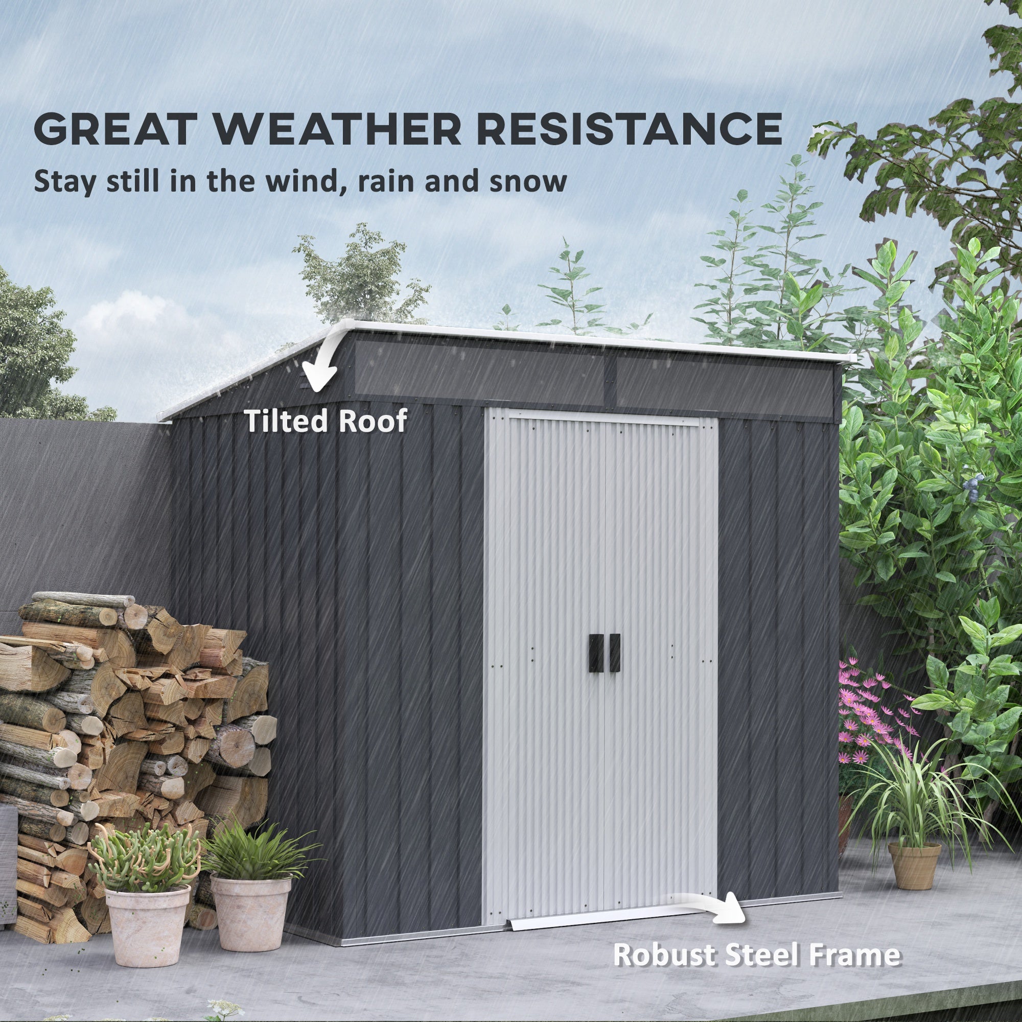 Outsunny 6.5 x 4FT Galvanised Metal Shed with Foundation Kit, Lockable Tool Garden Shed with Double Sliding Doors, Vents, Grey - North Peak Garden Furniture