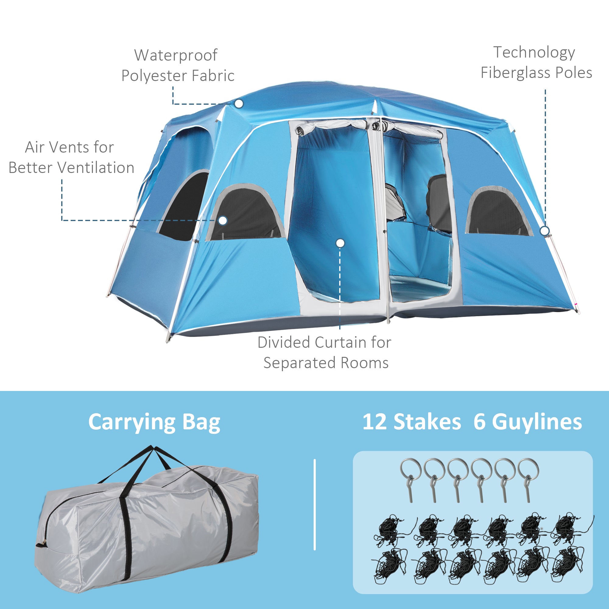 Outsunny 4-8 Person Camping Tent Family Tent with 2 Room, Mesh Windows, Easy Set Up for Backpacking, Hiking, Outdoor, Blue - North Peak Garden Furniture