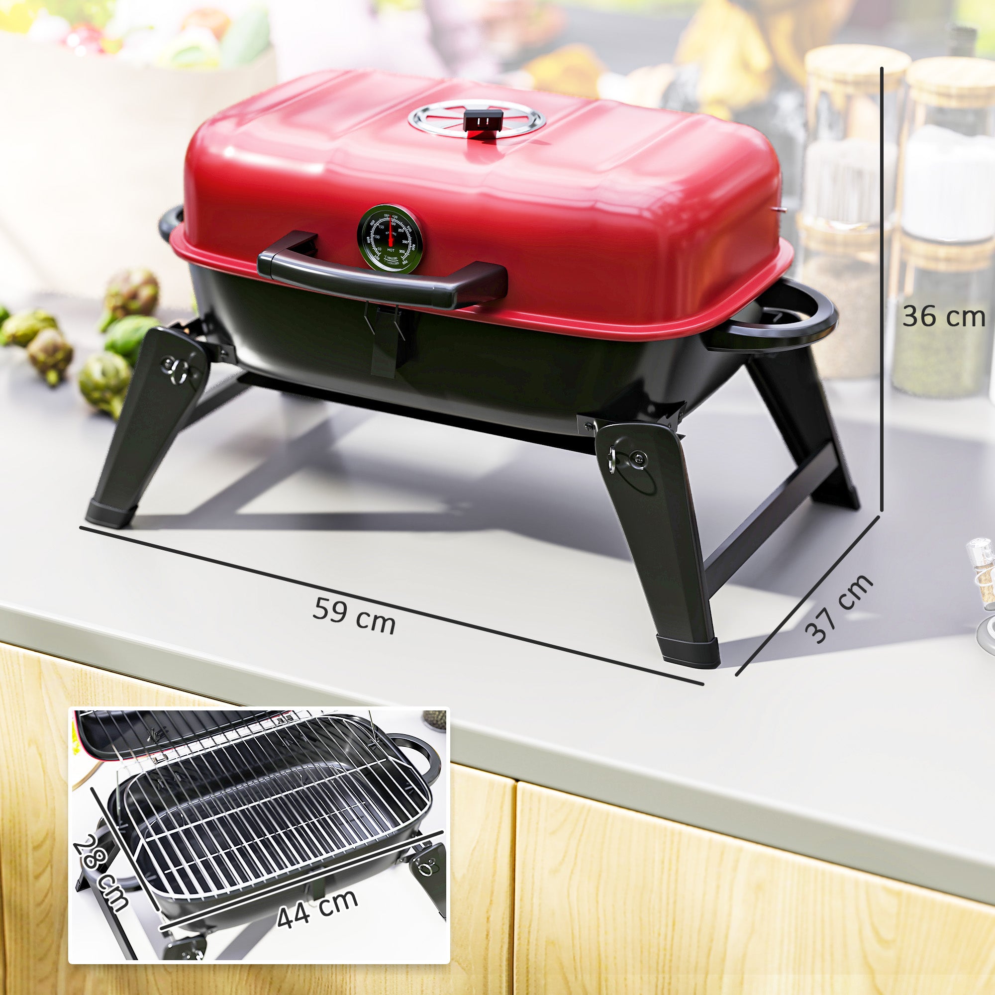 Outsunny Charcoal Barbecue Grill Folding BBQ Grill with 1232 cm² Cooking Area, Adjustable Vent, Thermometer, Handles for Camping Picnic, Red - North Peak Garden Furniture