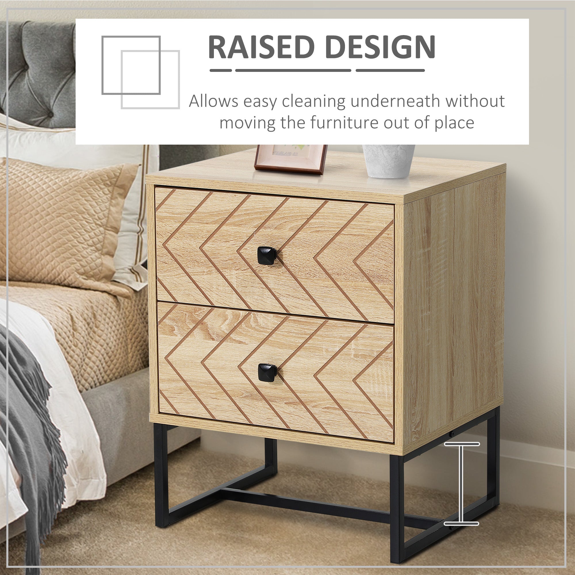 HOMCOM Unique Bedside Cabinet, Two-Drawer Nightstand, Zig Zag Design, Black Metal Handles, Melamine Finish