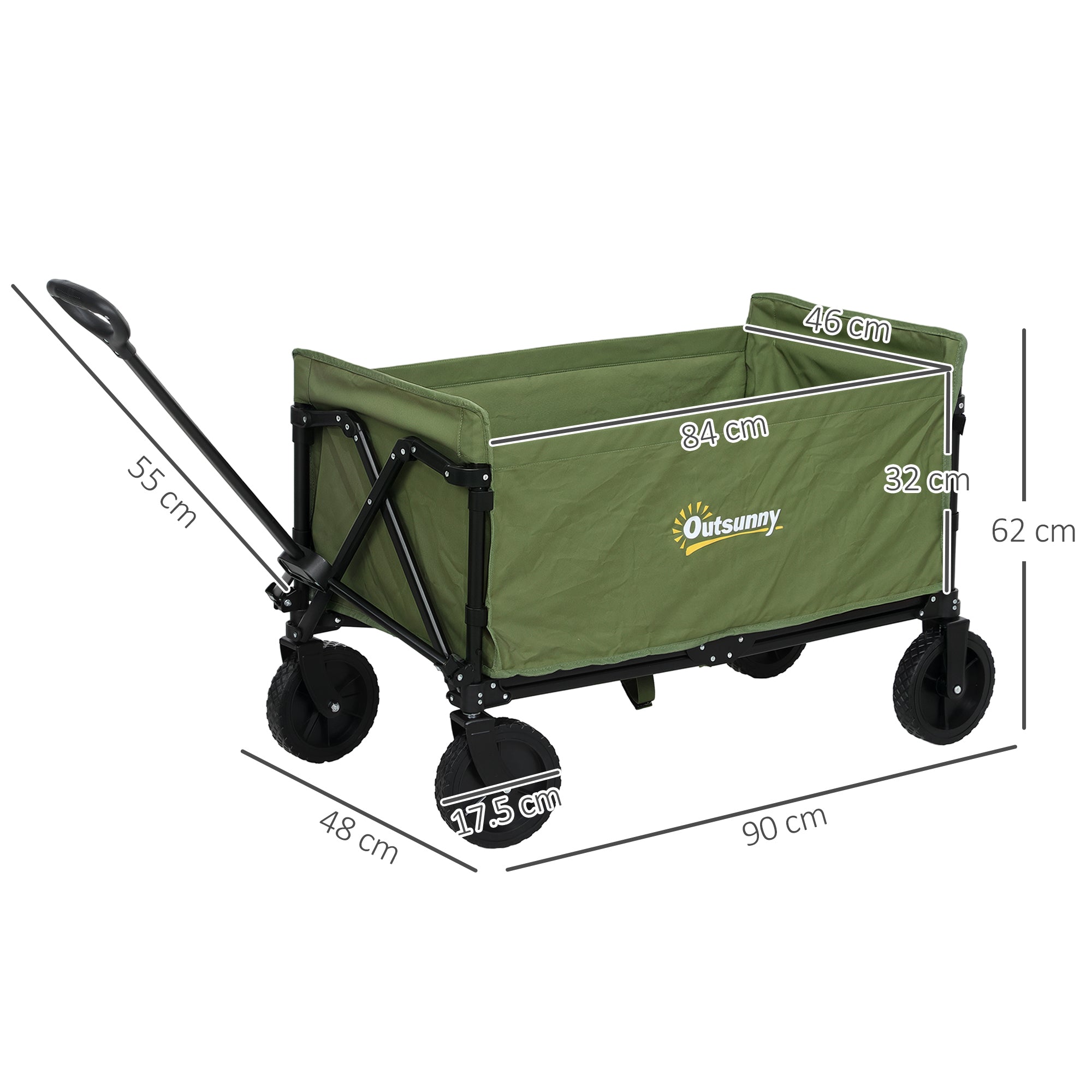 Outsunny 120L Folding Garden Trolley Cart, Outdoor Collapsible Wagon with Wheels and Adjustable Handle for Beach, Camping, Festival, Green - North Peak Garden Furniture