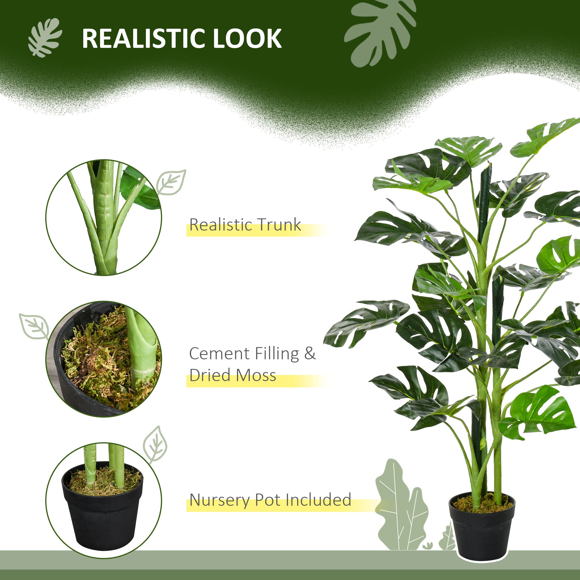 Outsunny 100cm/3.3FT Artificial Monstera Tree Decorative Cheese Plant 21 Leaves with Nursery Pot, Fake Tropical Palm Tree for Indoor Outdoor Décor, Set of 2 - North Peak Garden Furniture