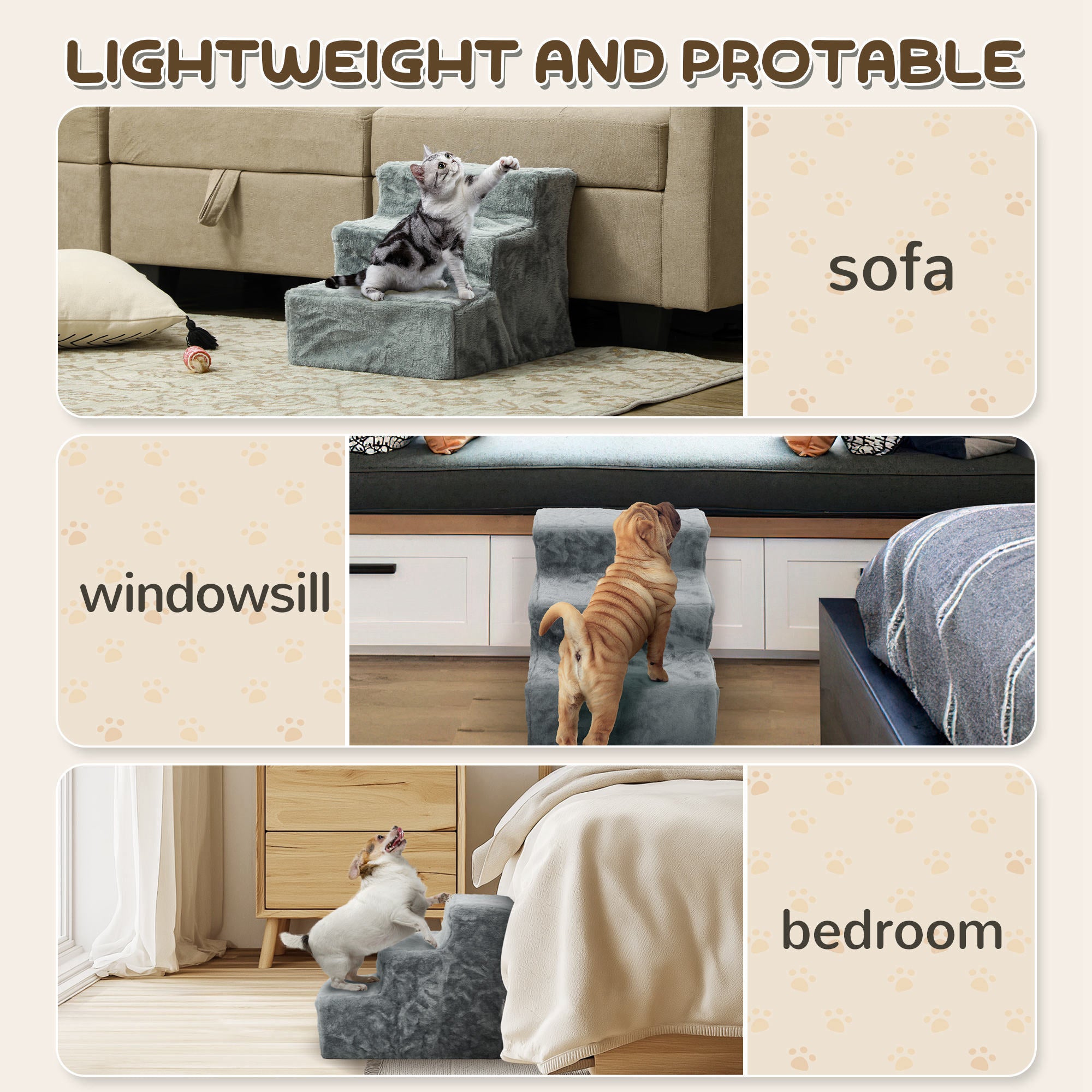 PawHut Three-Step Dog Stairs, with Washable Plush Cover, for High Bed Sofa, Dog Stairs for Small Dog and Cat - Light Grey - North Peak Garden Furniture