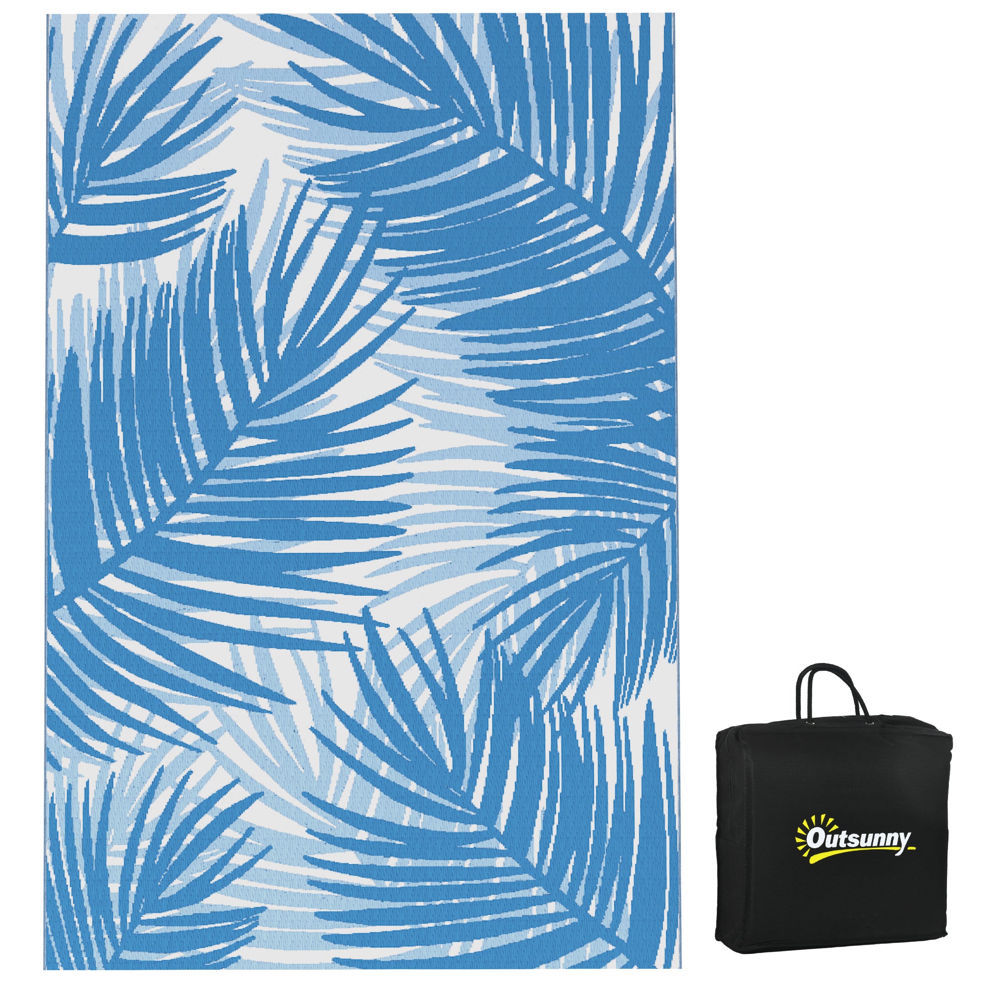 Outsunny Plastic Straw Reversible RV Outdoor Rug with Carry Bag, 182 x 274cm, Blue and Cream - North Peak Garden Furniture