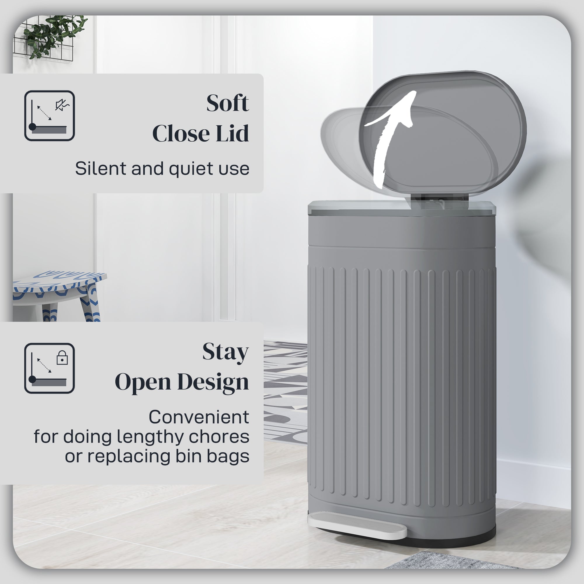 HOMCOM 30 Litre Pedal Bin, Fingerprint Proof Kitchen Bin with Soft-close Lid, Metal Rubbish Bin with Foot Pedal and Removable Inner Bucket, Grey - North Peak Garden Furniture