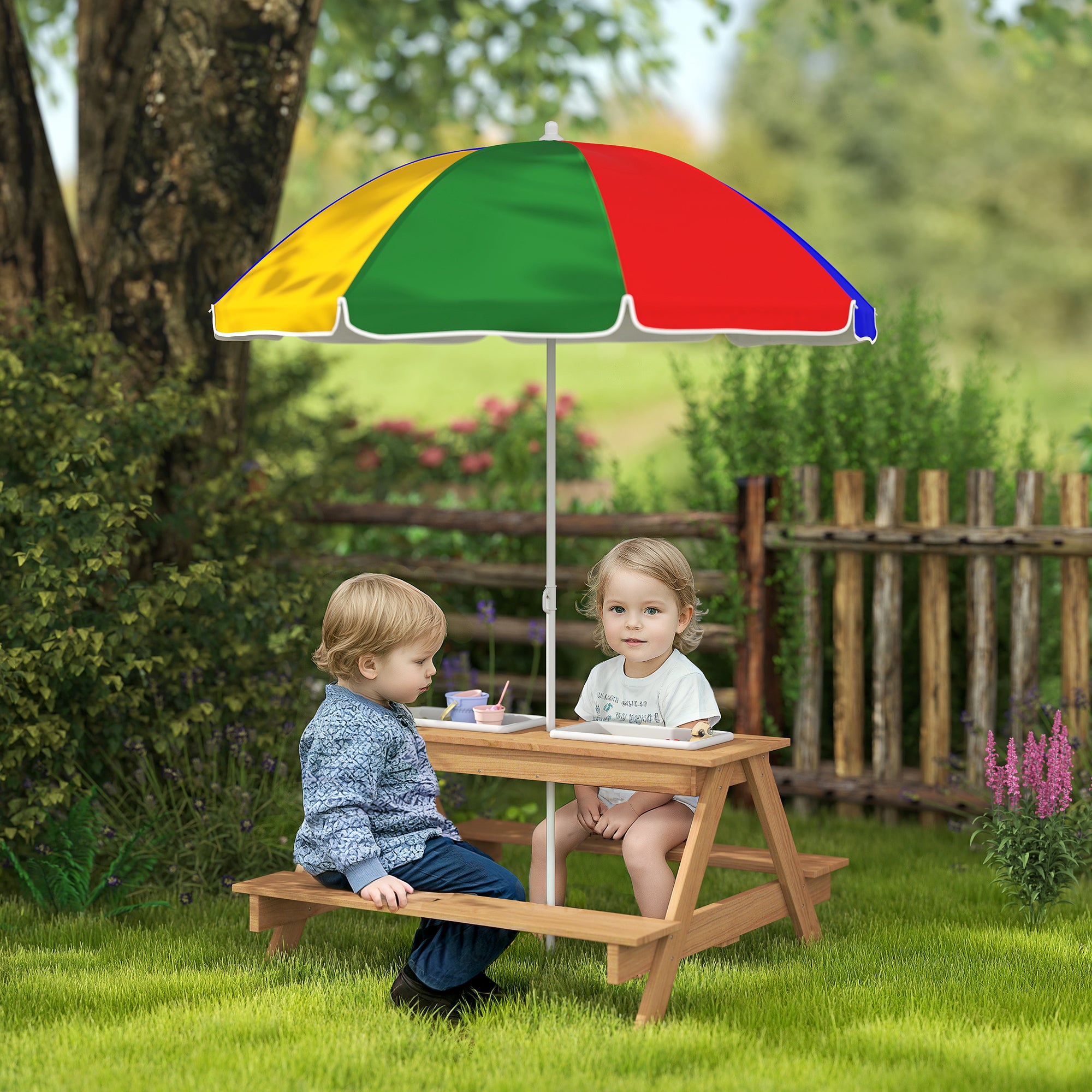 AIYAPLAY Kids Picnic Table, Sand and Water Table with Wooden Benches, Adjustable Parasol and Storage Bins, Multicolour - North Peak Garden Furniture
