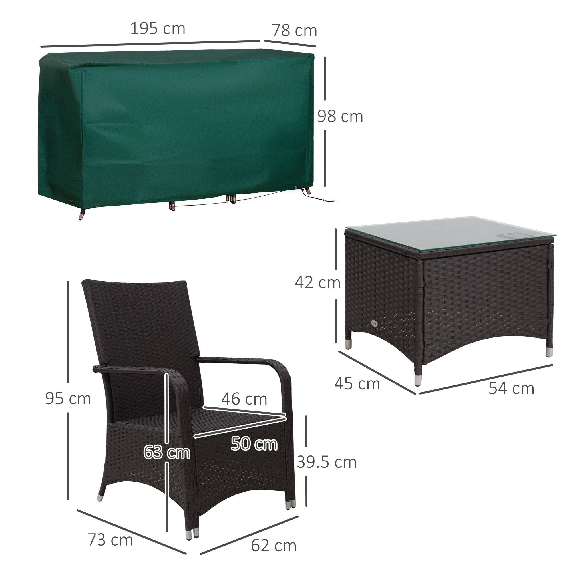 Outsunny 3 Pieces Rattan Bistro Set with Furniture Cover, Wicker Garden Furniture Set, Glass Top Coffee Table and Chairs with Cushions for Outdoor, Patio, Balcony, Cream White - North Peak Garden Furniture