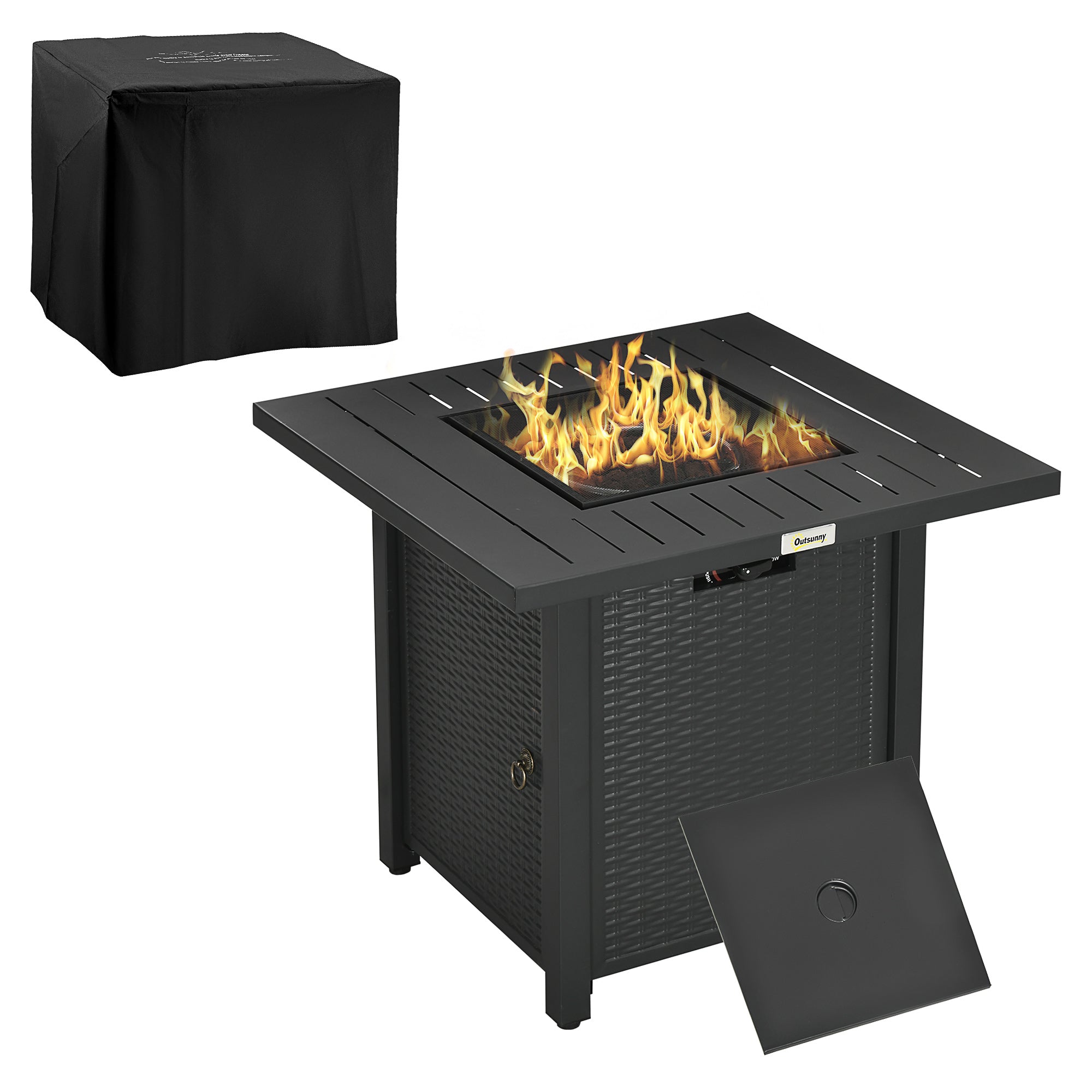 Outsunny Rattan-style Propane Gas Fire Pit Table with 40,000 BTU Burner, Square Smokeless Firepit Patio Heater with Thermocouple, Lava Rocks, Waterproof Cover, Spark Guard, and Lid - North Peak Garden Furniture