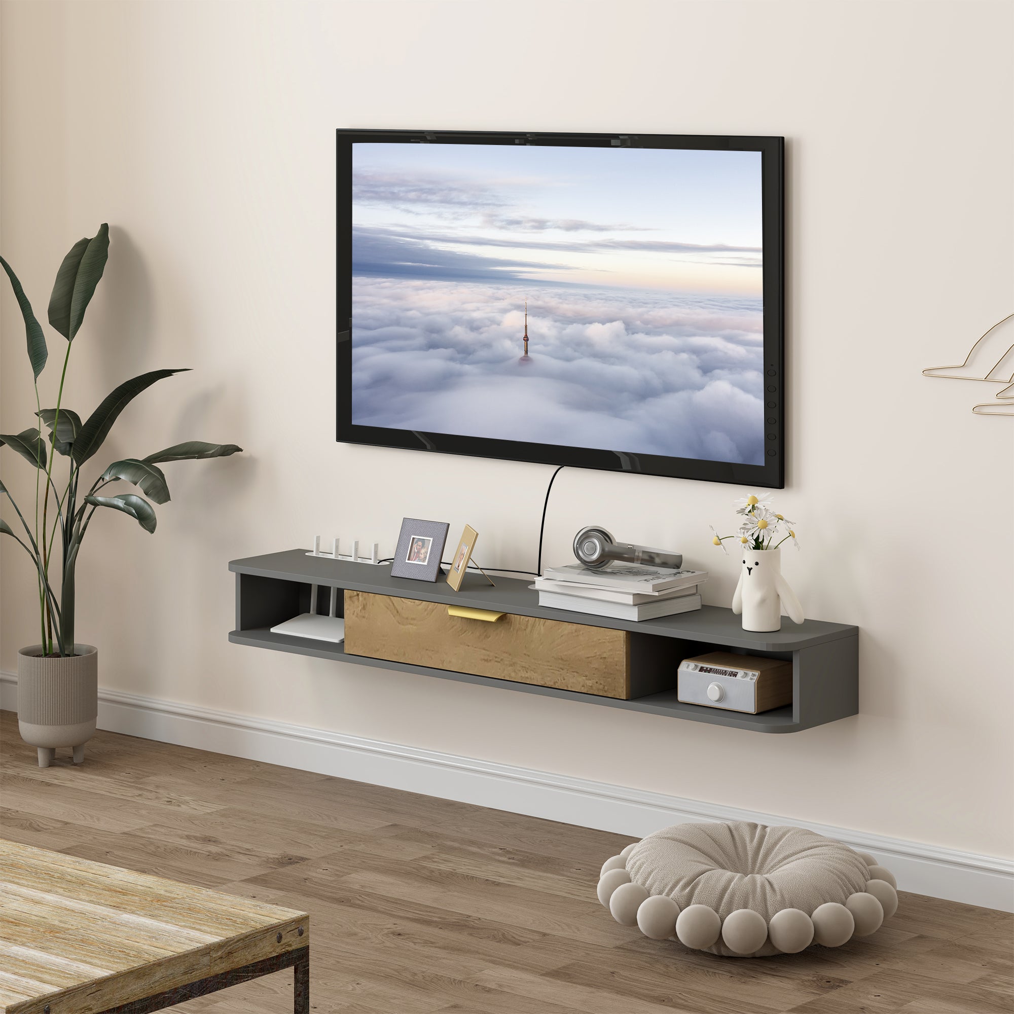 HOMCOM 140 cm Floating TV Stand with Storage - Charcoal Grey - North Peak Garden Furniture