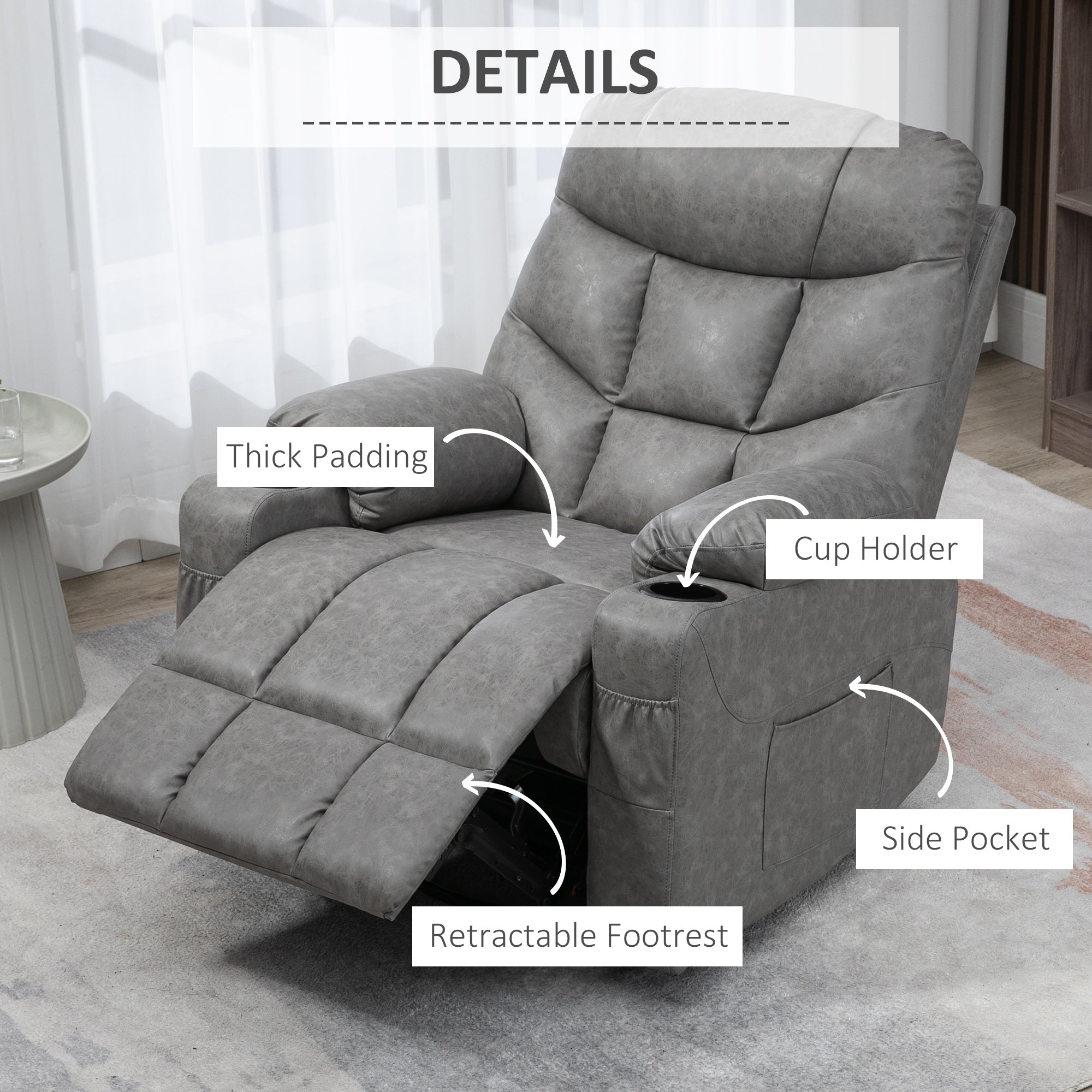 HOMCOM Manual Reclining Chair, Recliner Armchair with Swivel, Faux Leather, Below, Cup Holders, 86x93x102cm, Grey - North Peak Garden Furniture