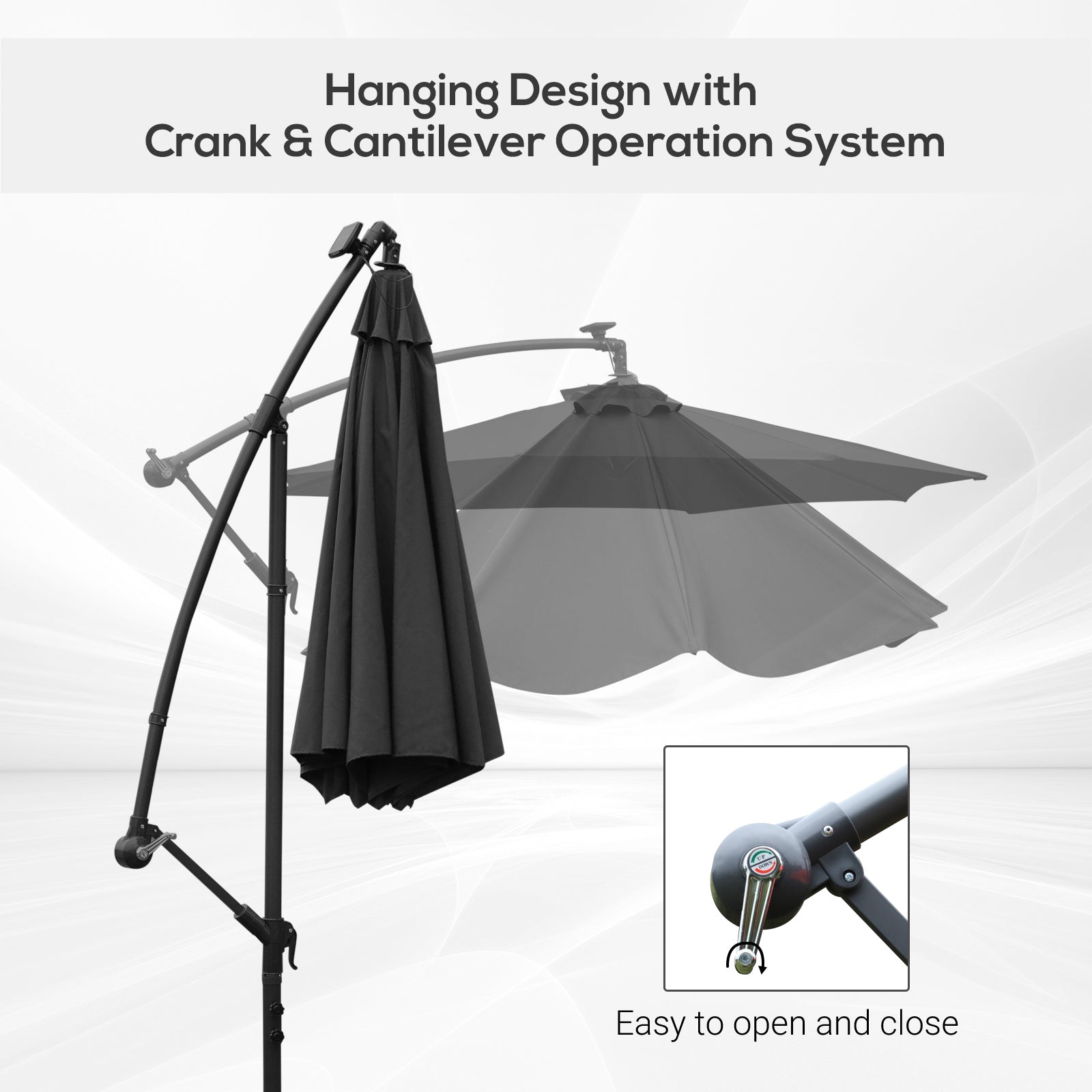 Outsunny 3m LED Patio Banana Umbrella Cantilever Parasol w/ Crank Cross Base Hanging Offset Umbrella Frame Steel  Aluminium Garden Table Outdoor Black