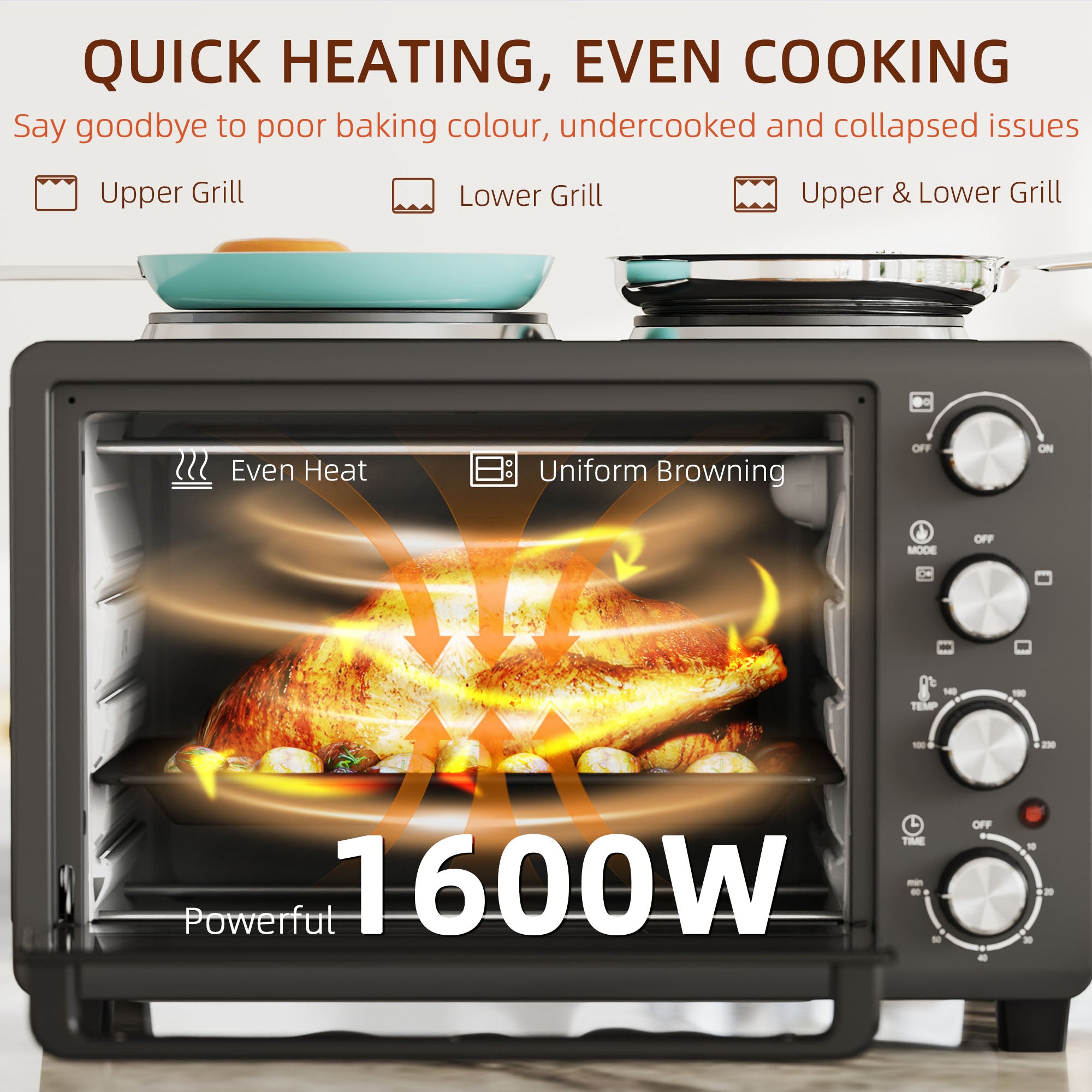 HOMCOM 28L Mini Oven with 2 Hot Plates, Countertop Toaster Oven, Grill, Roast, Bake, Boil, with Timer, Adjustable Temperature, Electric Oven with Baking Tray, Grill Rack, Crumb Tray, 2600W, Black