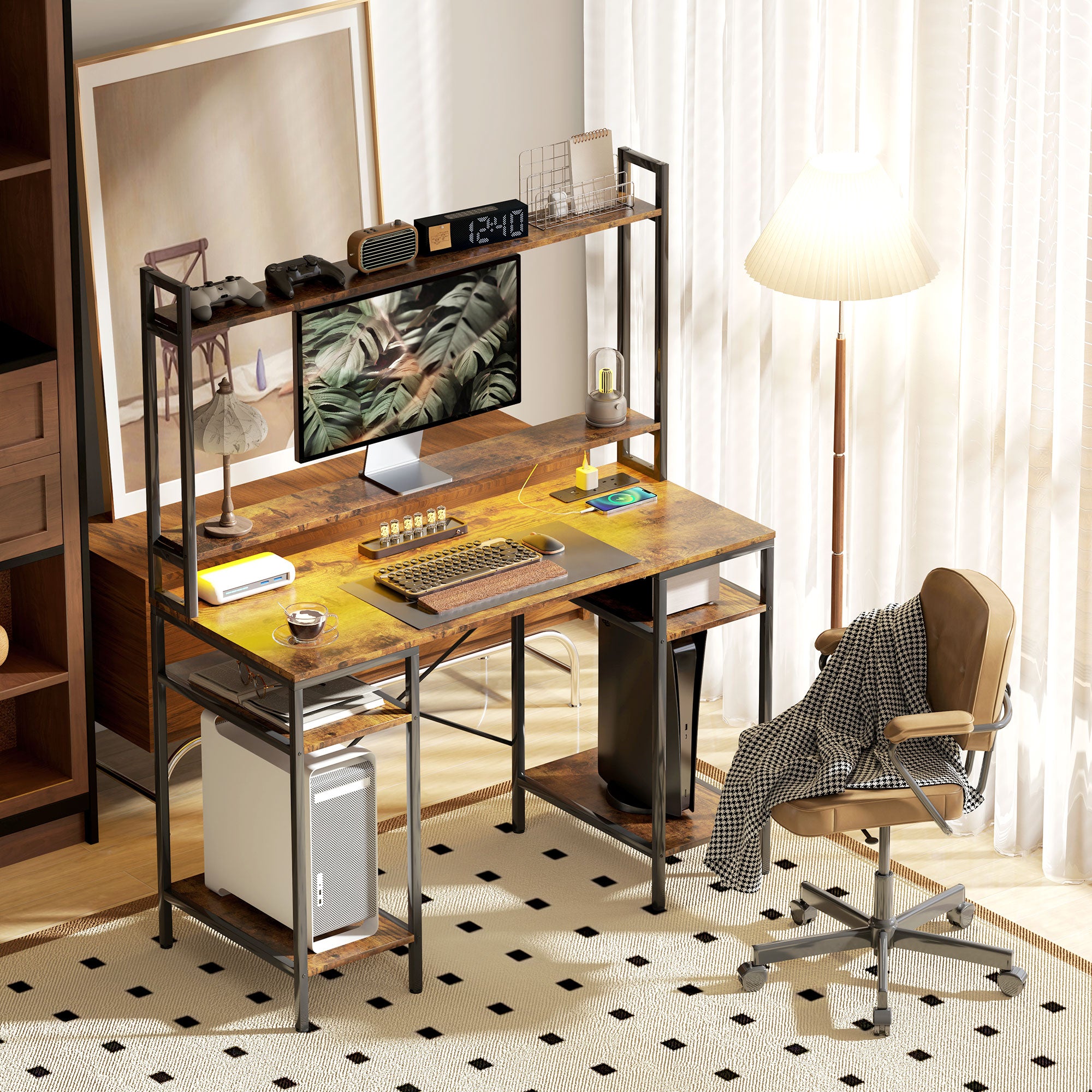 HOMCOM Computer Desk with Power Outlets and LED Lights, Home Office Desk with Monitor Stand and 2 CPU Stands, Study Table Gaming Desk with Hutch, Rustic Brown - North Peak Garden Furniture