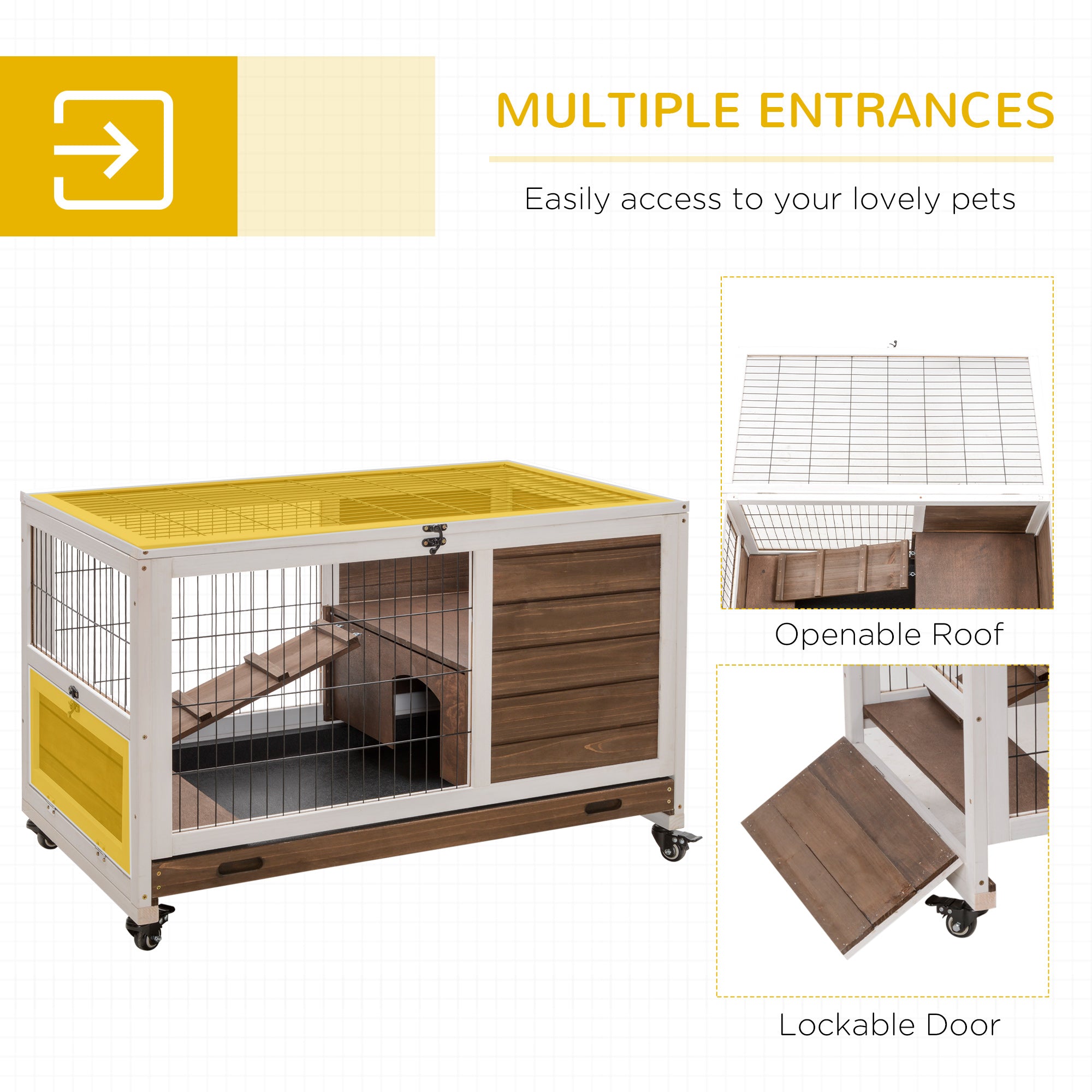 PawHut Wooden Guinea Pig Hutch, 2-Floor Bunny Cage w/ Enclosed Run Area, Brown