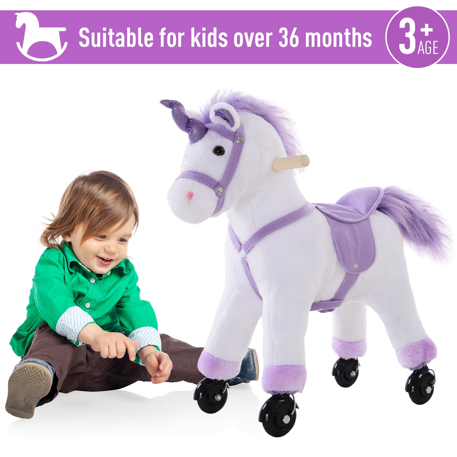 HOMCOM Kids Rocking Horse Plush Ride on Walking Unicorn Horse w/Realistic Sound Ride On Rocker with Handlebar for Age 3+ Purple - North Peak Garden Furniture