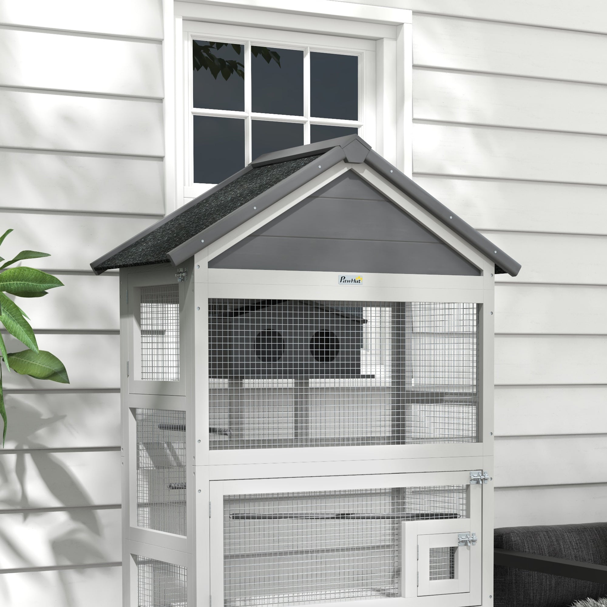 PawHut Wooden Bird Cage, with Stand, for Finches, Parakeets, Small birds - Grey - North Peak Garden Furniture