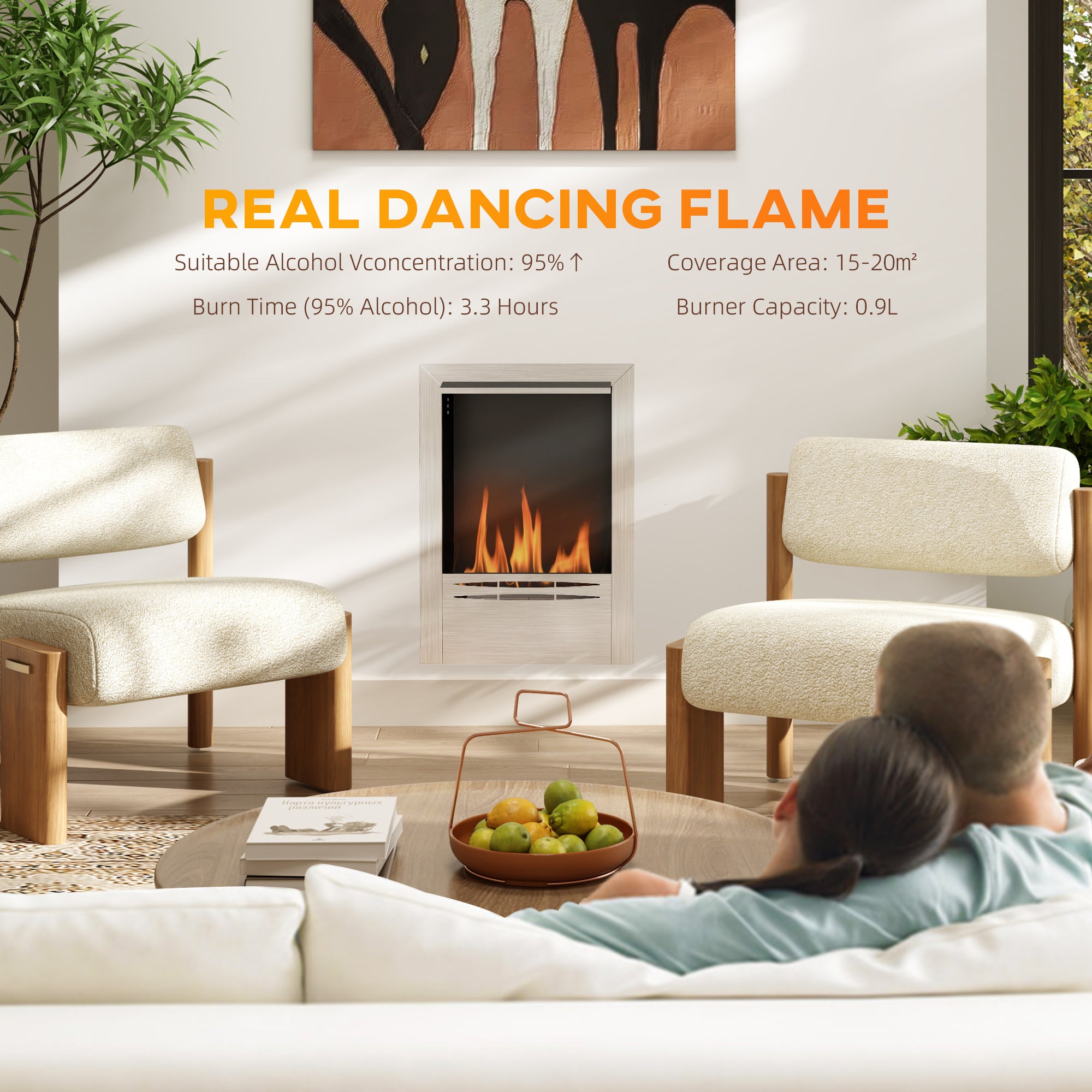 HOMCOM Stainless Steel Ethanol Fireplace Insert, Bioethanol Fire, Indoor Ethanol Burner with 0.9 Litres Volume, Cover Lid, Burns for Up to 3.3 Hours, Silver - North Peak Garden Furniture