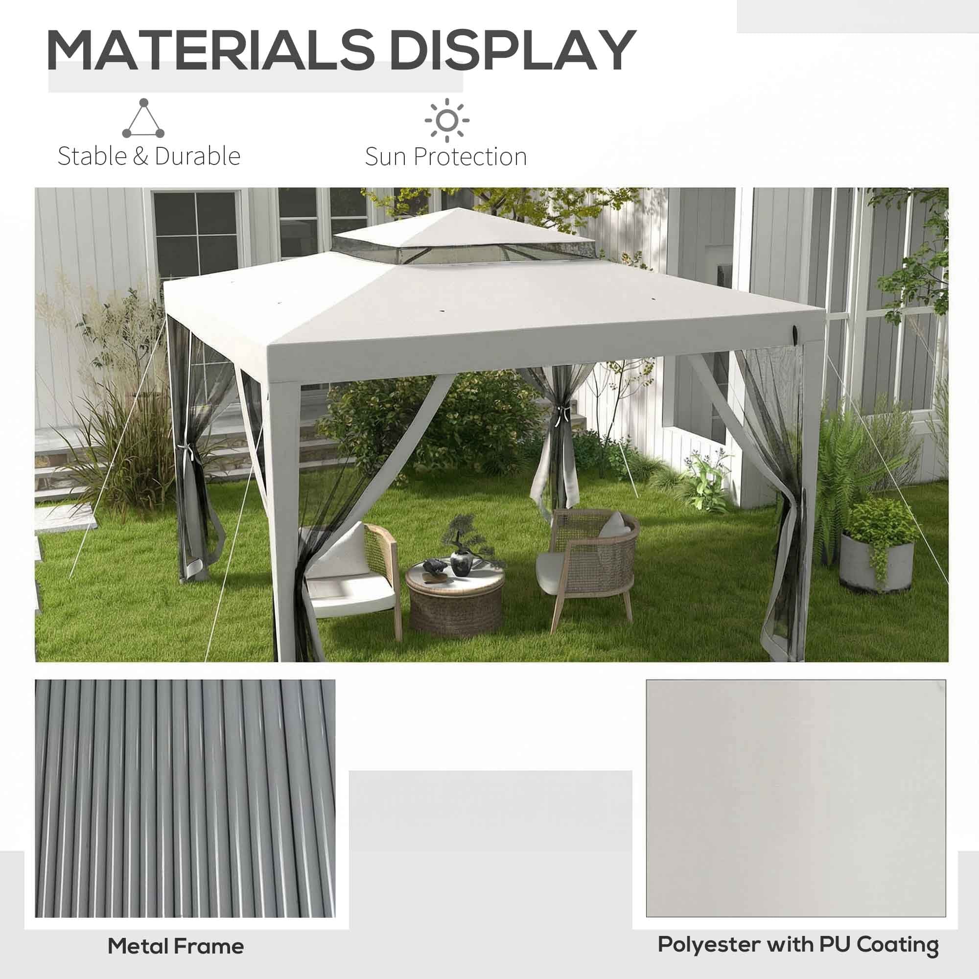 Outsunny 3 x 3 m Gazebo, Netting Party Tent, Patio Canopy Outdoor Event Shelter with Double Tier Roof, Light Grey