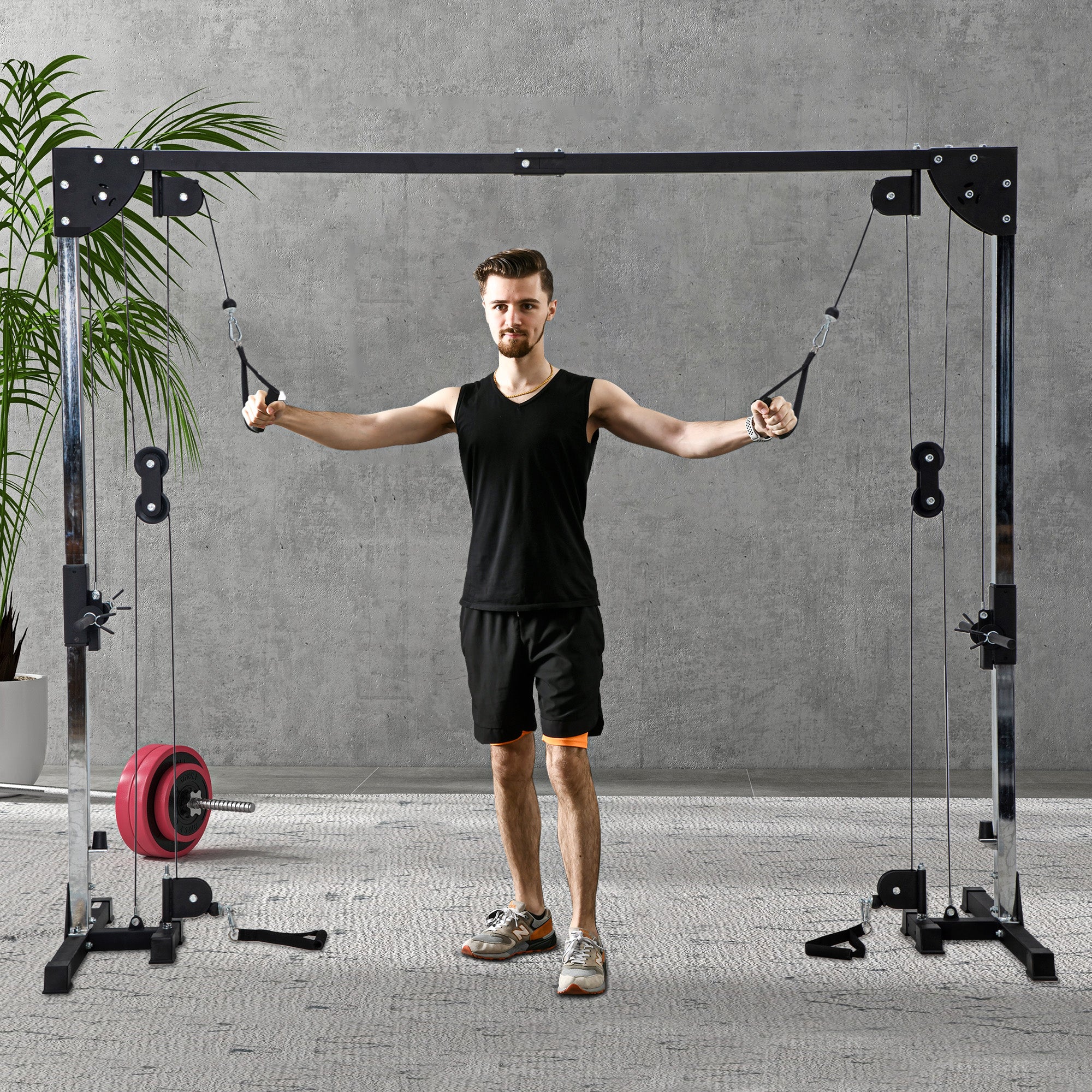 SPORTNOW Multi Home Gyms with Cable Pulley System, Cable Crossover Machine with 4 Handles for Full Body Strength Training, Power Rack for Home Workout, Black - North Peak Garden Furniture