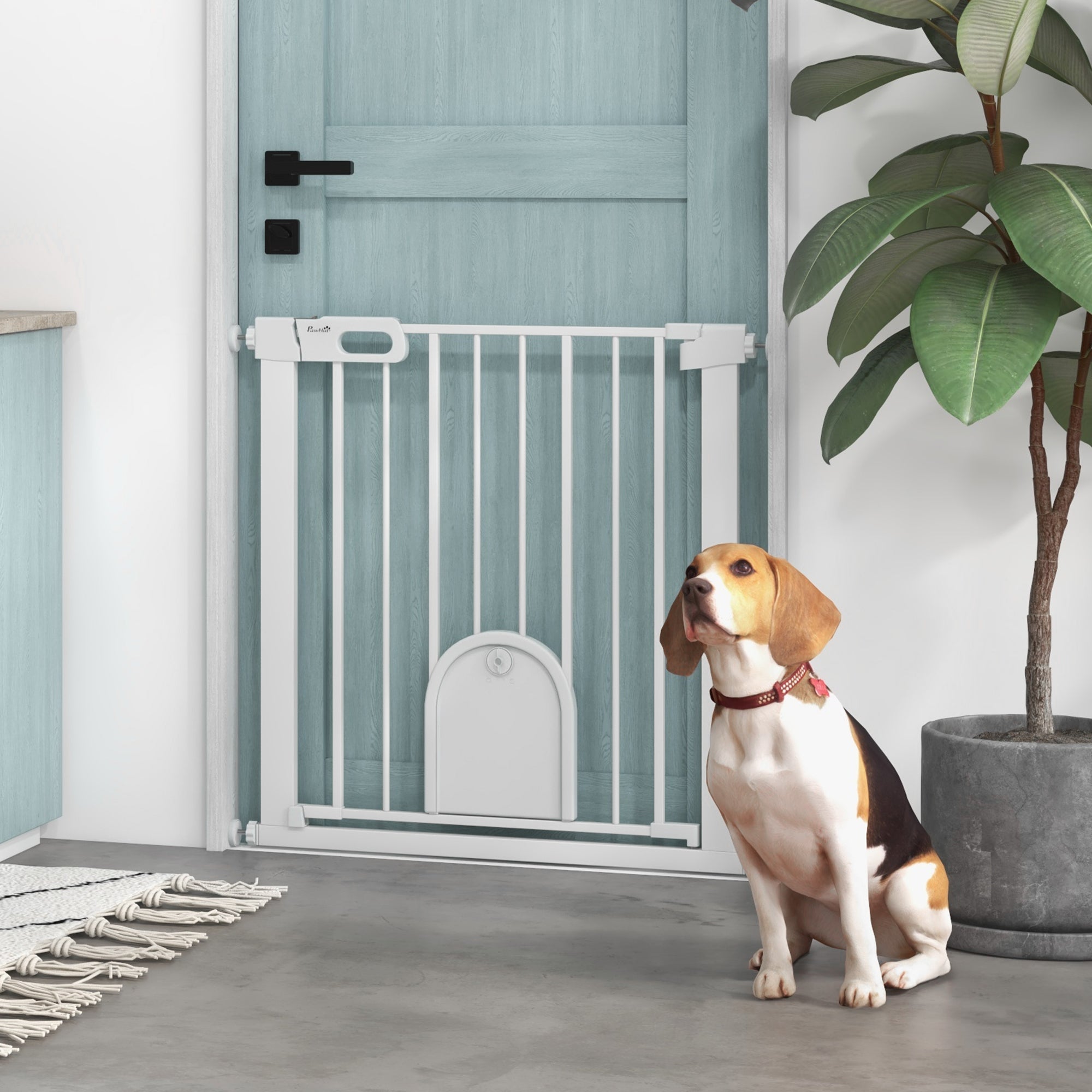 PawHut 75-82cm Pet Safet Gaye, Pressure Fit Stair, with Cat Flap, Double Locking, White - North Peak Garden Furniture