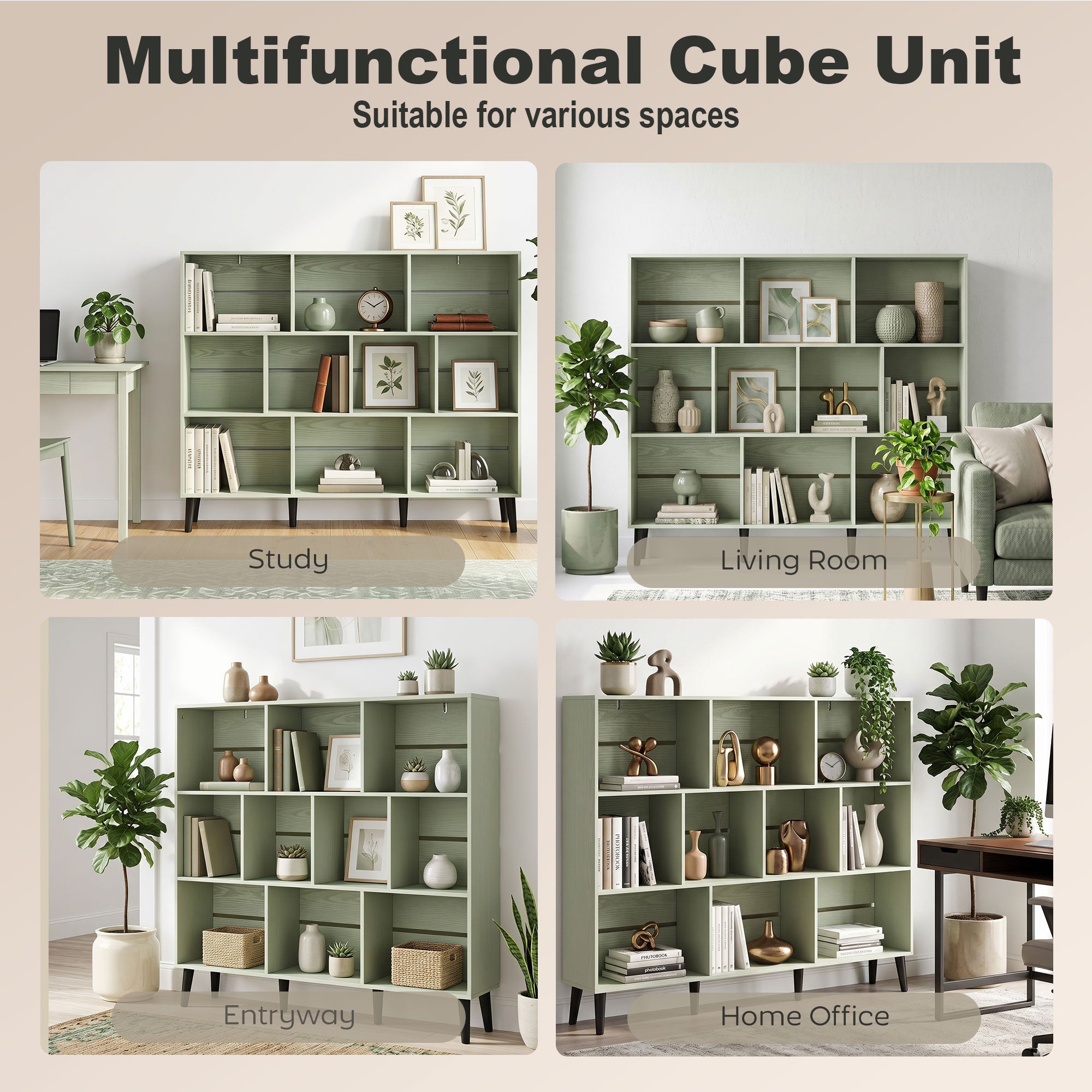 HOMCOM 10-Cube Bookcase, 3-Tier Book Shelf with Solid Wood Legs, 140 cm Modern Bookshelf with Anti-Tip Kit, Light Green