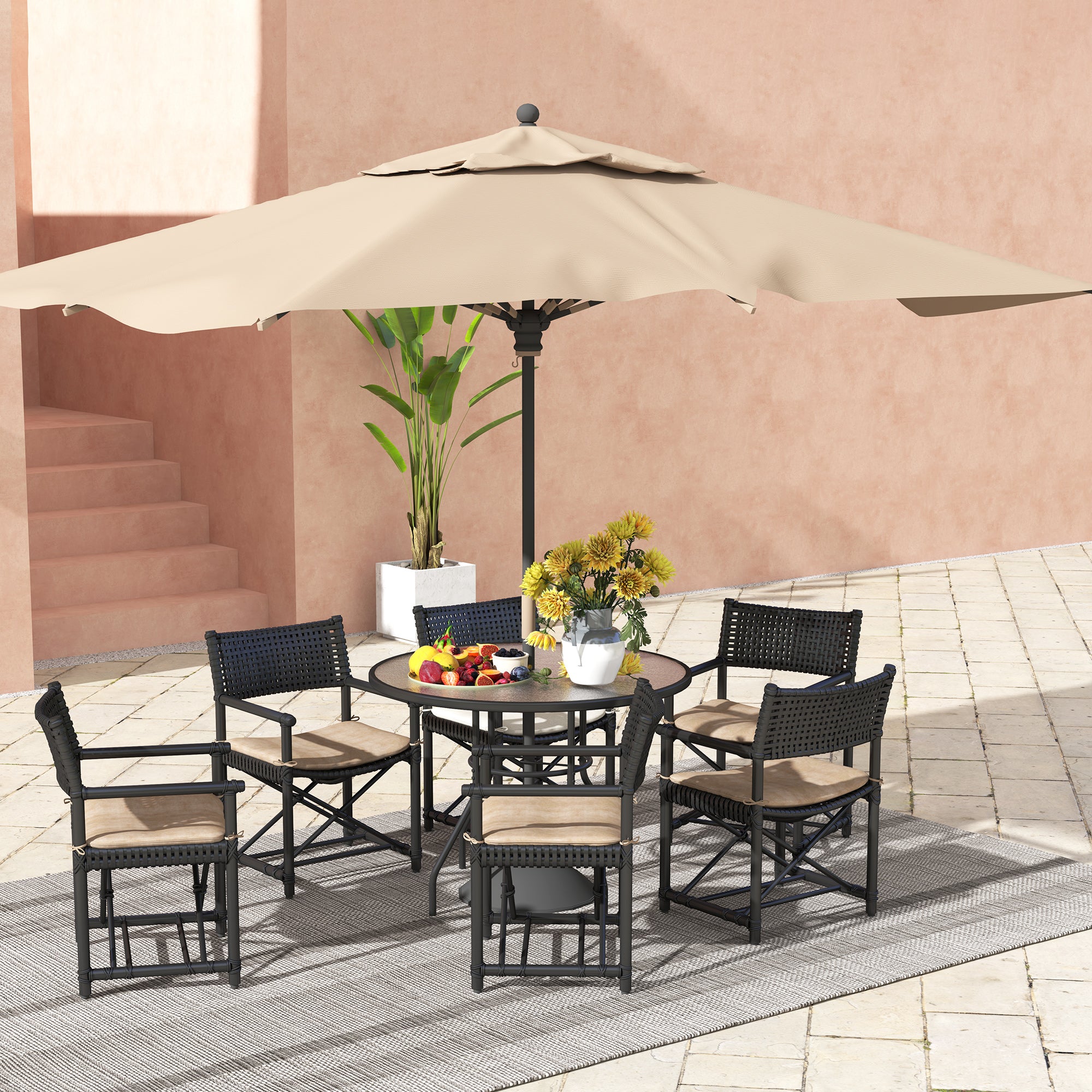 Outsunny 100 cm Round Dining Table with Parasol Hole, Outdoor Coffee End Side Table with Tempered Glass Top, Steel Frame for Garden, Black - North Peak Garden Furniture