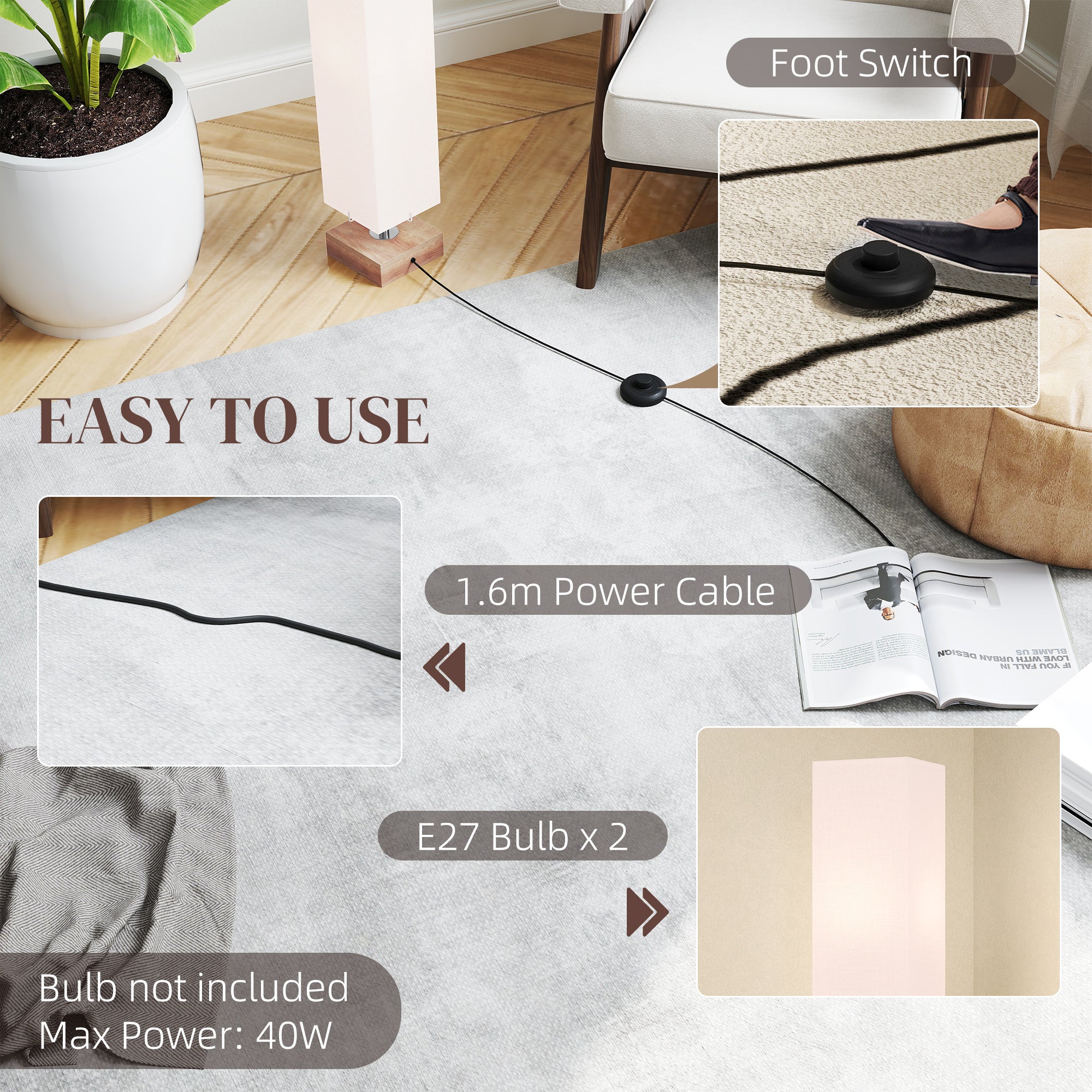 HOMCOM 120cm Tall Linen Floor Lamp w/ Wood Base Steel Frame 2 Bulbs Home Lighting Soft Atmospheric Stylish Modern Bedroom Land Cream - North Peak Garden Furniture