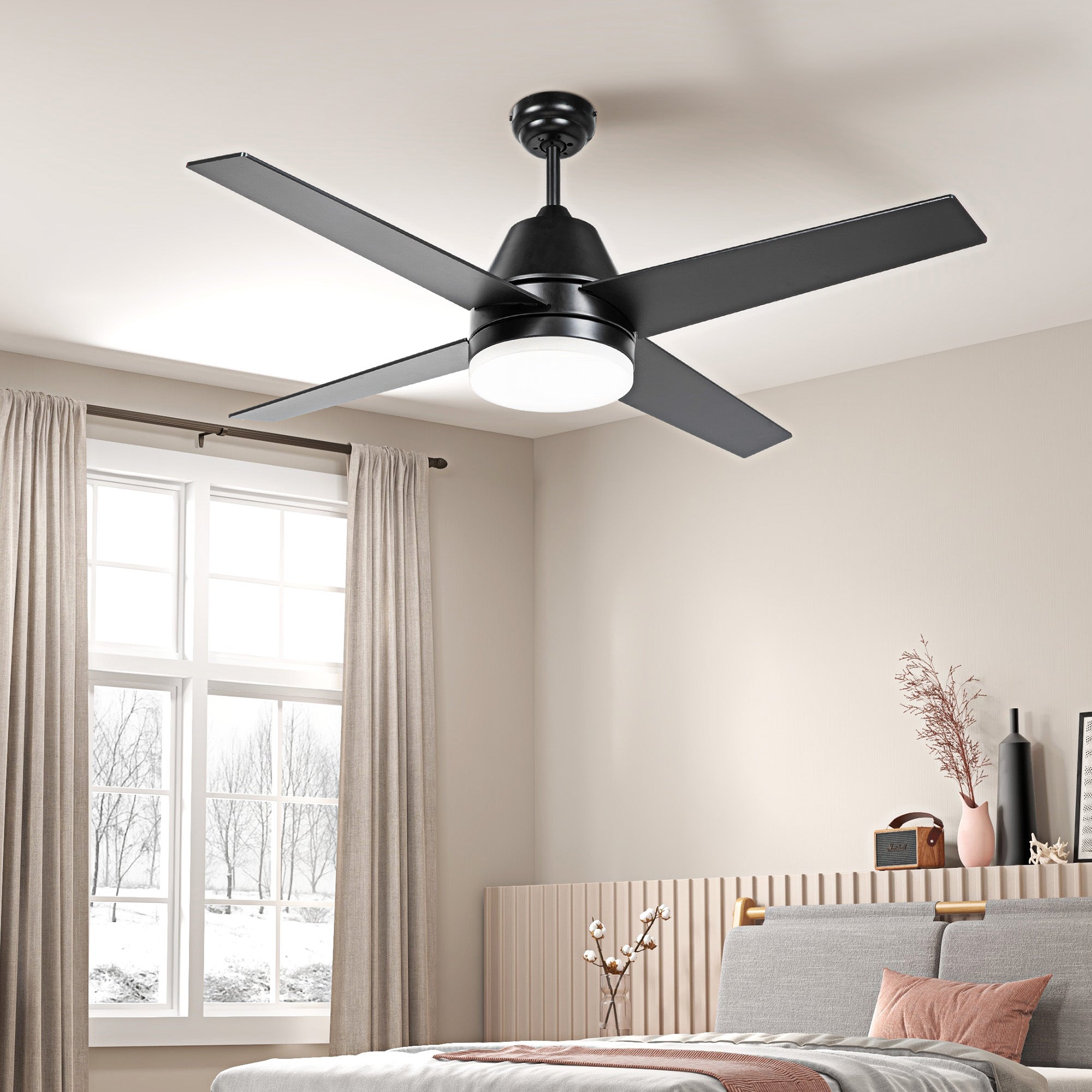 HOMCOM Ceiling Fan with LED Light, Flush Mount Ceiling Fan Lights with Reversible Blades, Remote, Black and Walnut Brown - North Peak Garden Furniture