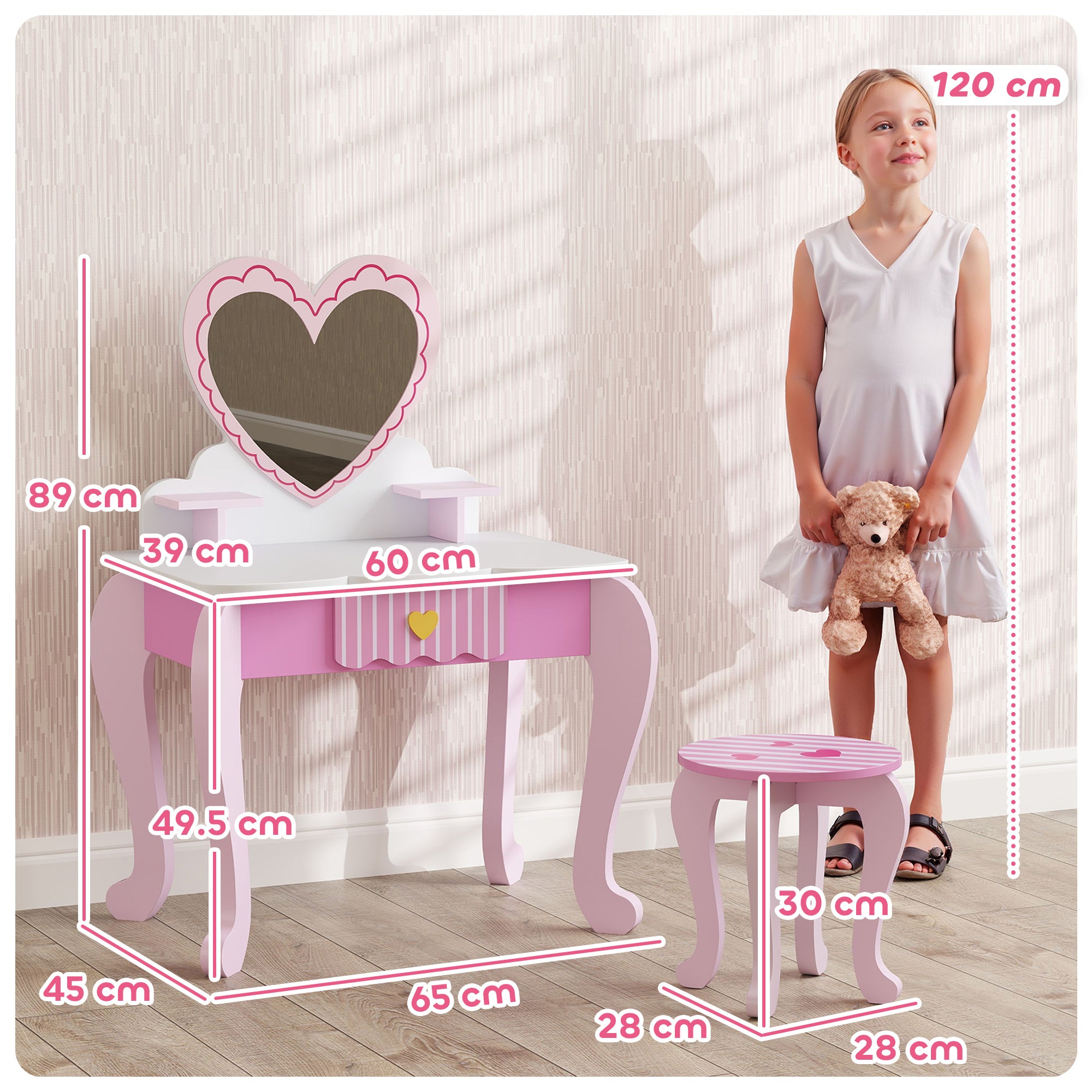 AIYAPLAY Kids Dressing Table Set, Vanity Table with Stool, Mirror, Drawer, Desktop Storage, Heart Theme, Pink - North Peak Garden Furniture