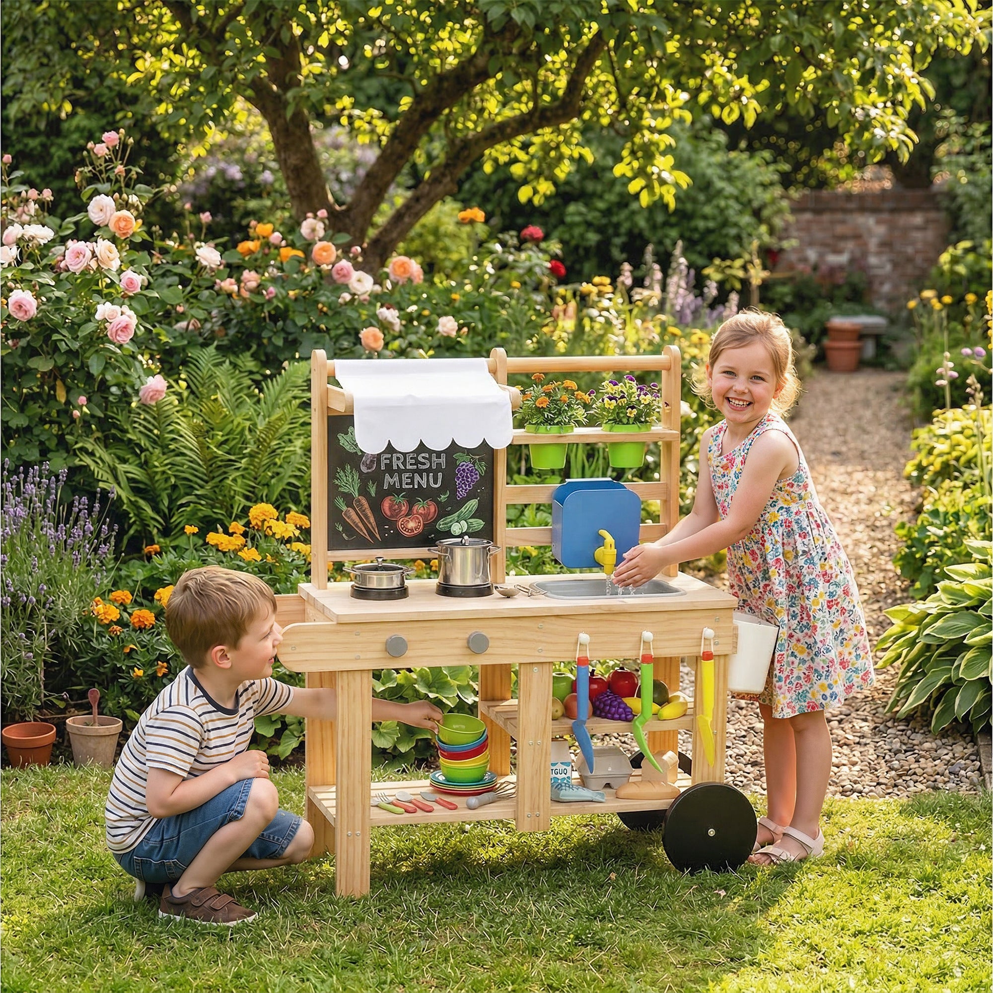 AIYAPLAY Mud Kitchen with Real Water Faucet Pretend Play Kitchen Playset with Sink and Storage Natural Wood