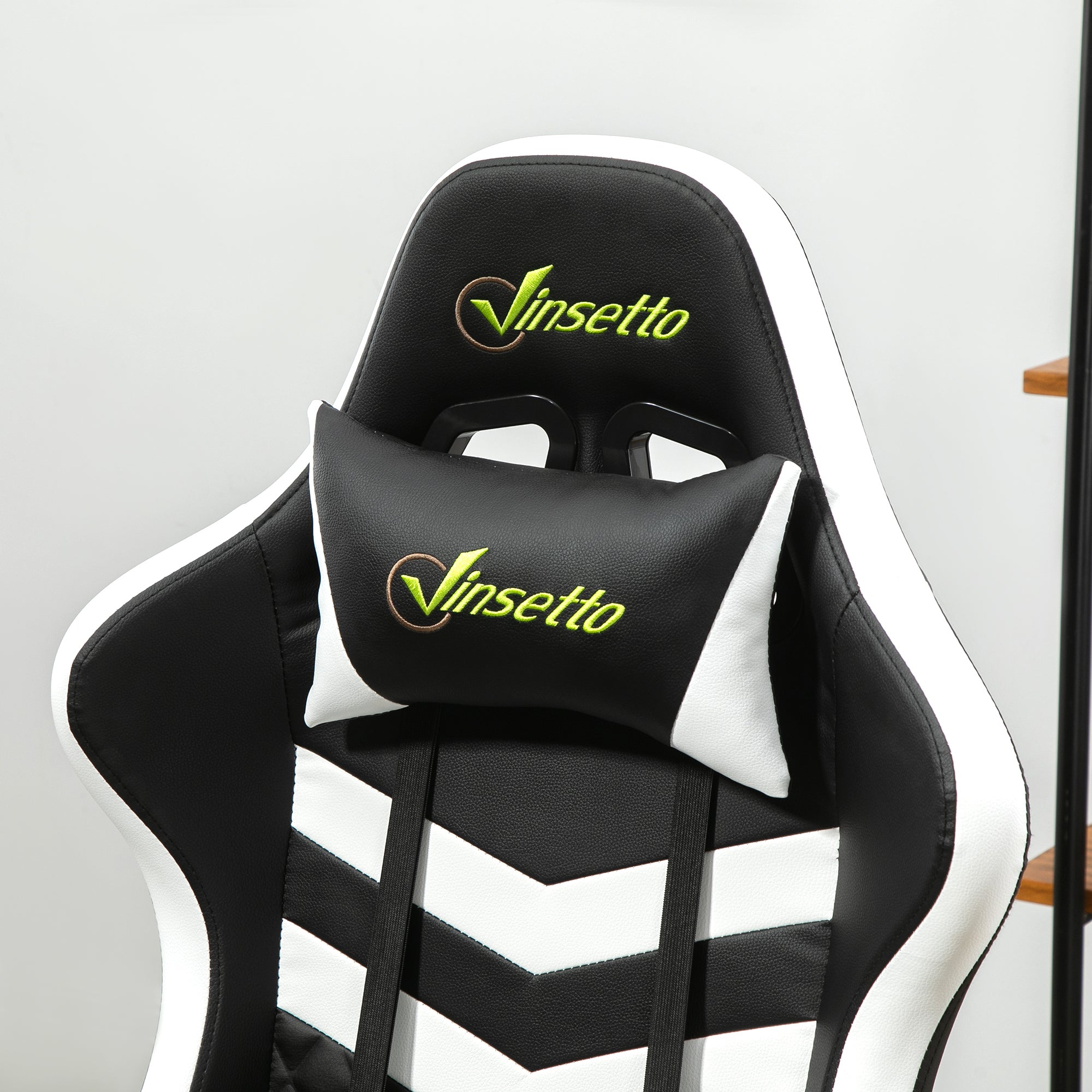Vinsetto Gaming Chair, Computer Desk Chair with Lumbar Support, Faux Leather Racing Chair with Headrest and Swivel Wheels for Home Office, Black White - North Peak Garden Furniture