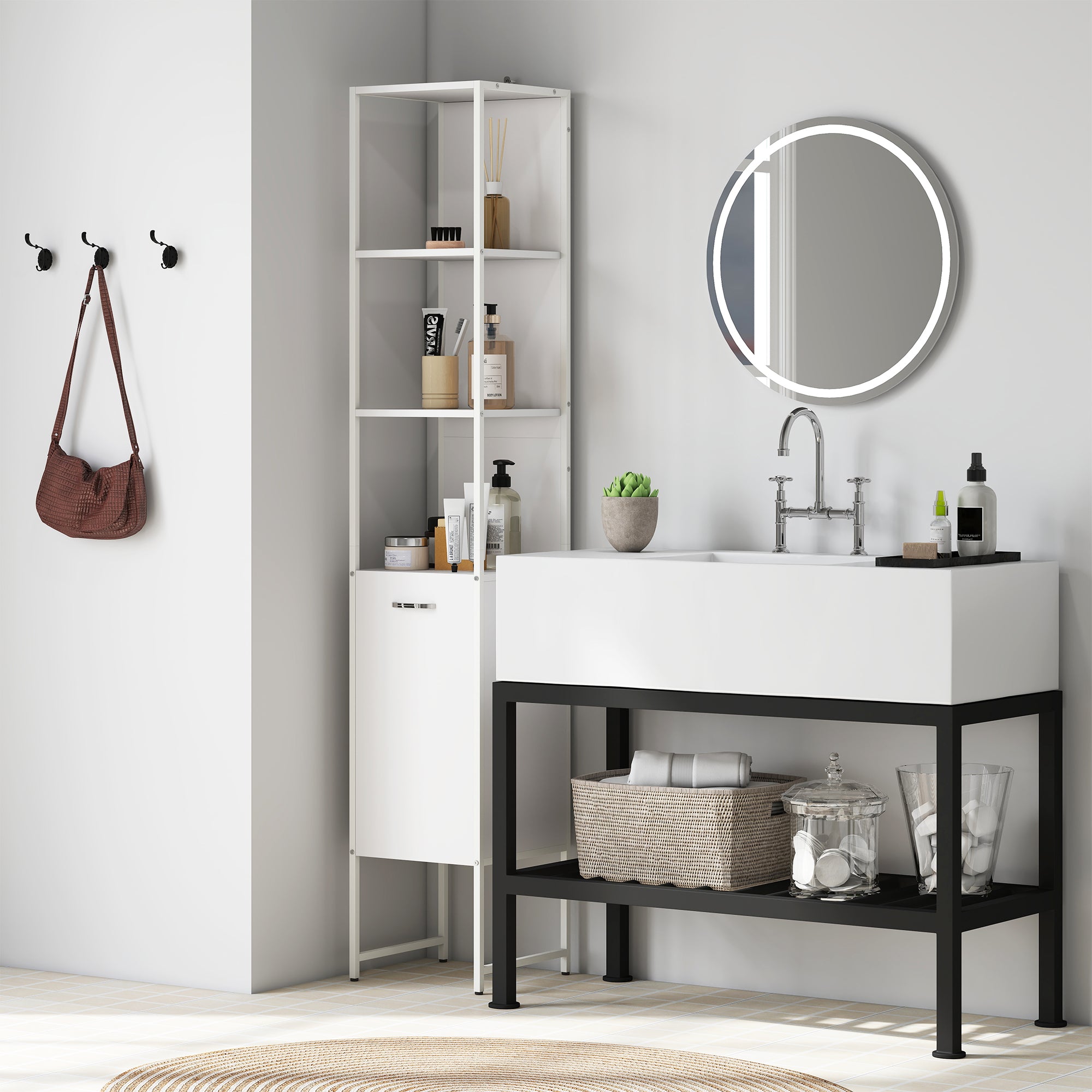 HOMCOM Tall Bathroom Cabinet with Open Shelves and Adjustable Shelf - White - North Peak Garden Furniture