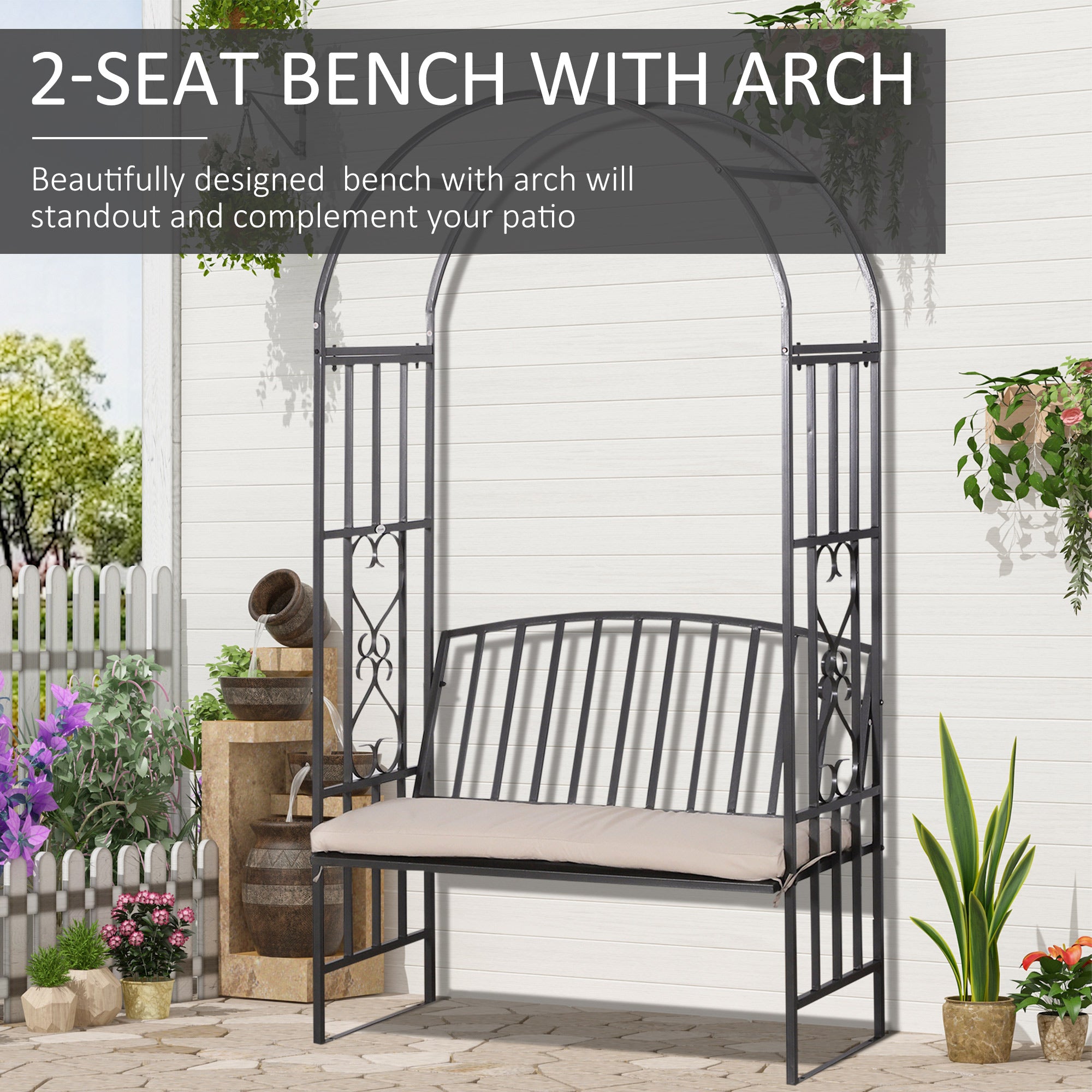 Outsunny Garden Metal Arch Bench, Outdoor Furniture Chair with Cushion Outdoor Patio Rose Trellis Arbour Pergola, for Climbing Plant 114x 60 x 206 cm