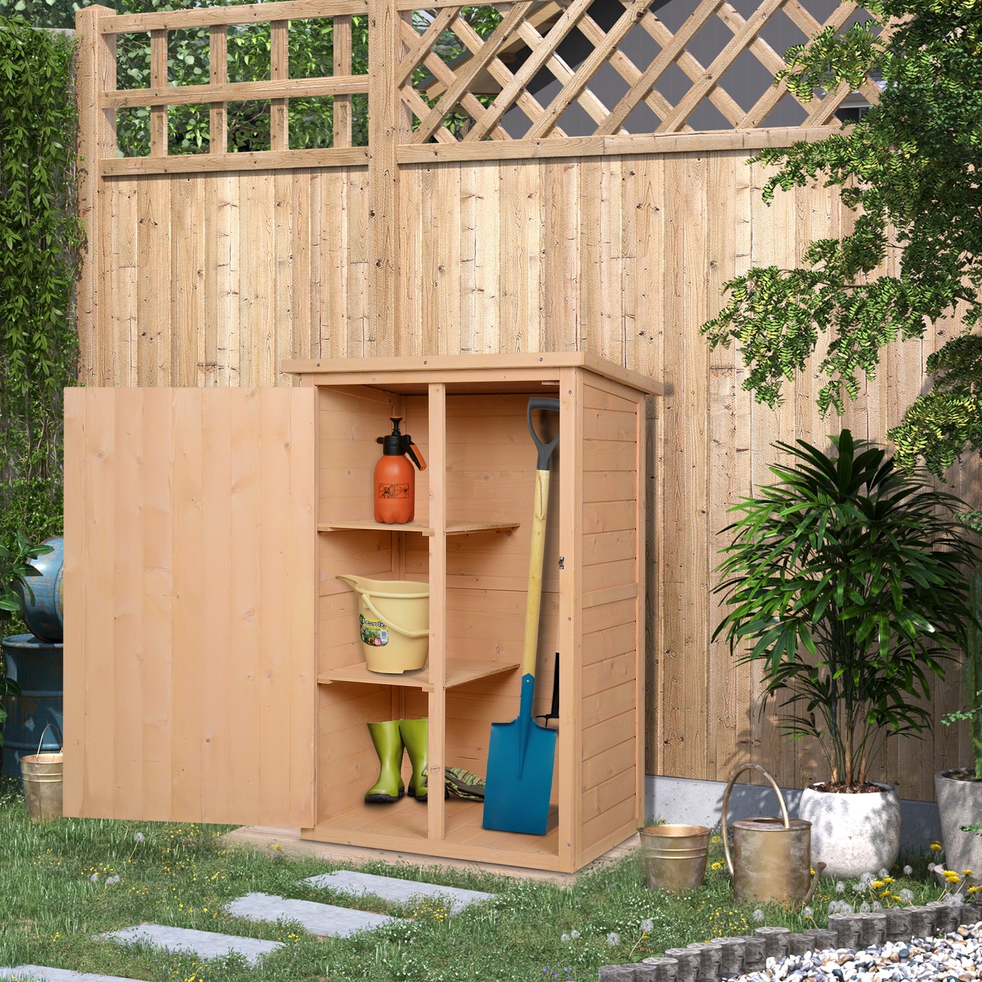 Outsunny Garden Shed Wooden Garden Storage Shed Fir Wood Tool Cabinet Organiser with Shelves 75L x 56W x115Hcm Natural - North Peak Garden Furniture