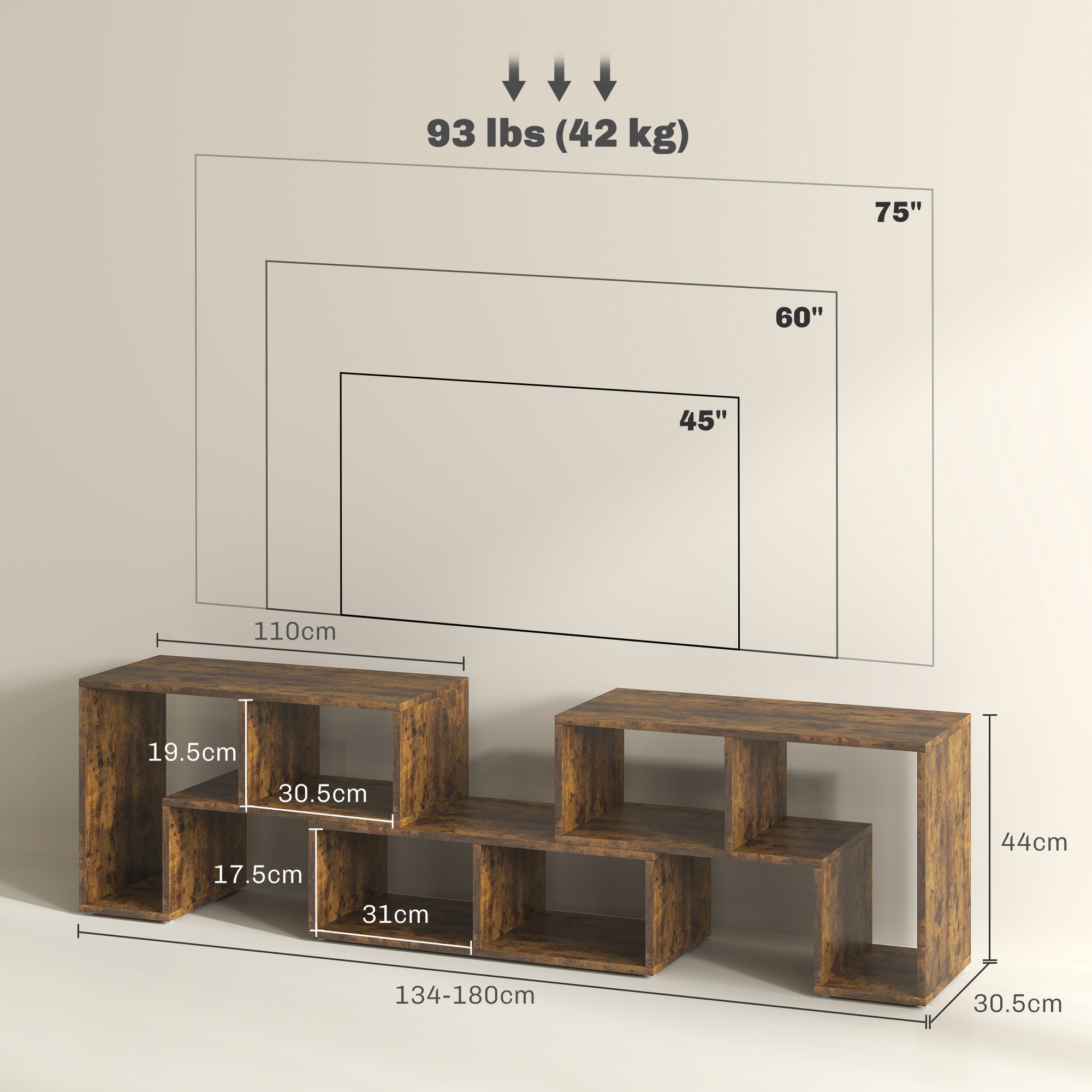 HOMCOM TV Stand for TVs up to 75 Inches, Free Combination TV Unit with Storage Shelves, Extendable Entertainment Centre for Living Room, Rustic Brown