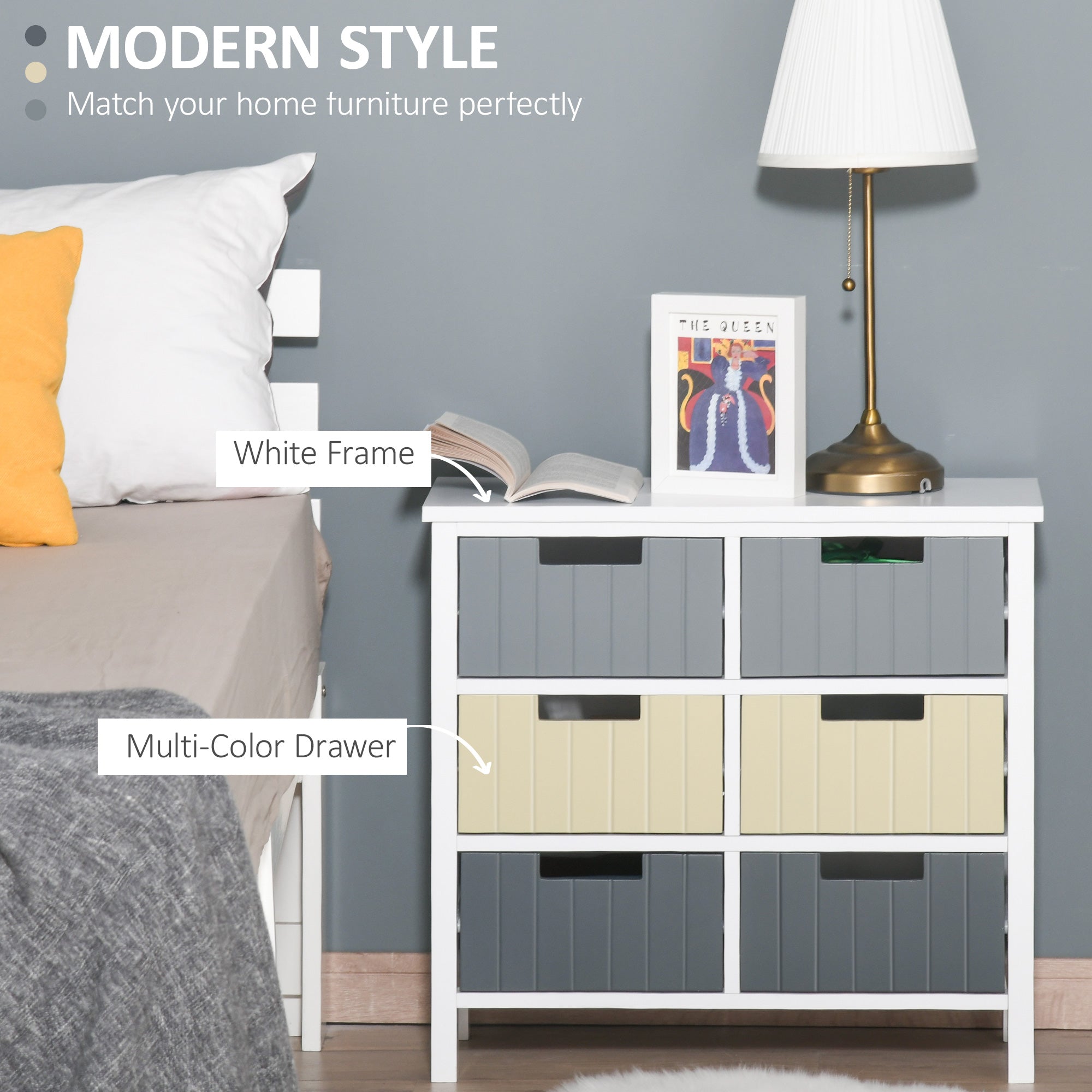 HOMCOM 6 Drawer Storage Tower, Dresser Chest with Wood Top, Organizer Unit for Closets Bedroom Nursery Room Hallway - North Peak Garden Furniture