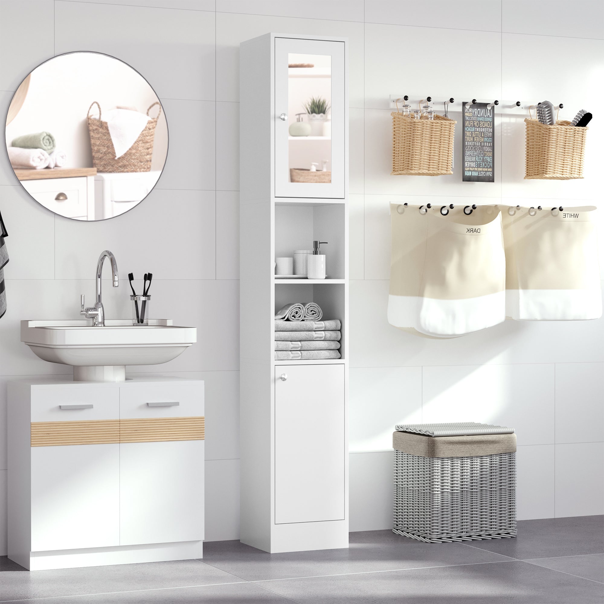 kleankin Tall Bathroom Storage Cabinet with Mirror, Freestanding Floor Cabinet Tallboy Unit with Adjustable Shelves, White - North Peak Garden Furniture