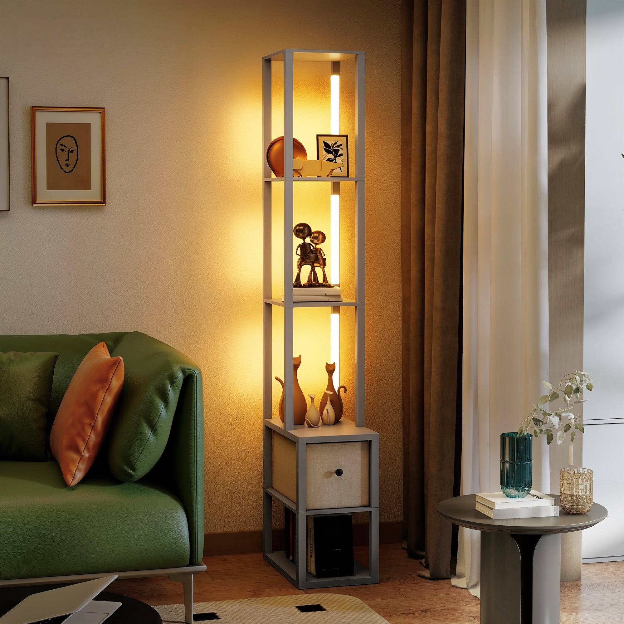 HOMCOM Floor Lamp with Shelves, LED Column Modern Standing Lamp with Fabric Drawer, Adjustable Brightness, Foot Switch for Living Room, Bedroom, Office, Grey