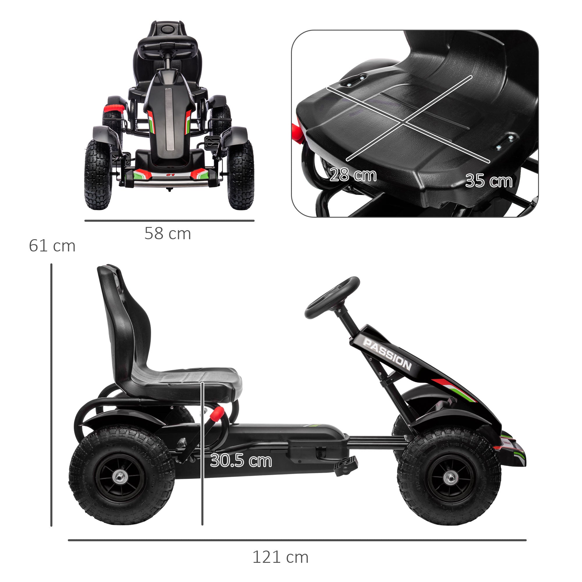 HOMCOM Metal Kids Pedal Go Kart with Adjustable Seat Inflatable Tyres Black - North Peak Garden Furniture