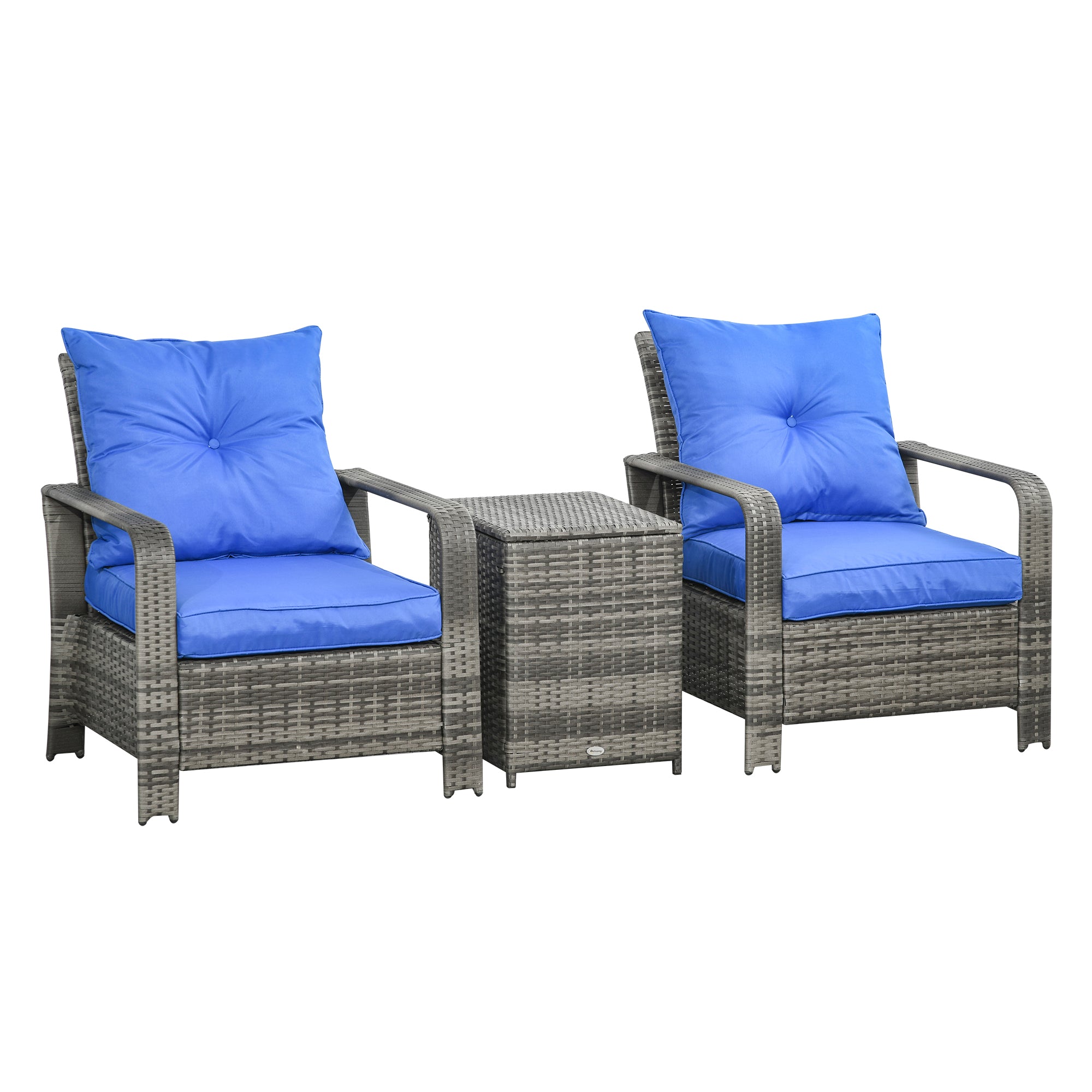 Outsunny 3 pcs PE Rattan Wicker Garden Furniture Patio Bistro Set Weave Conservatory Sofa Storage Table and Chairs Set Blue Cushion Grey Wicker