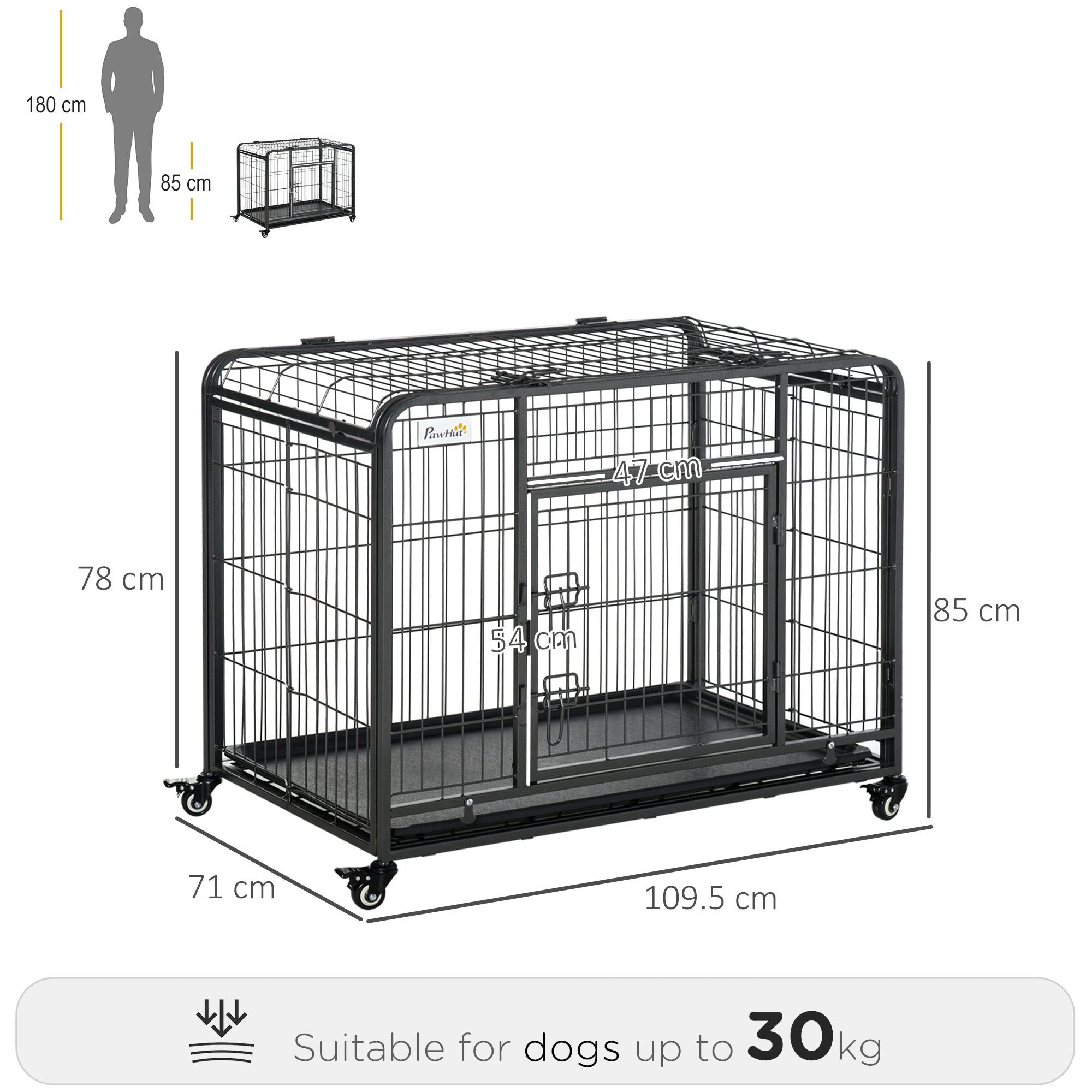 PawHut Heavy Duty Dog Crates Foldable Indoor Dog Kennel and Dog Cage Pet Playpen with Double Doors Removable Tray Lockable Wheels Openable Top